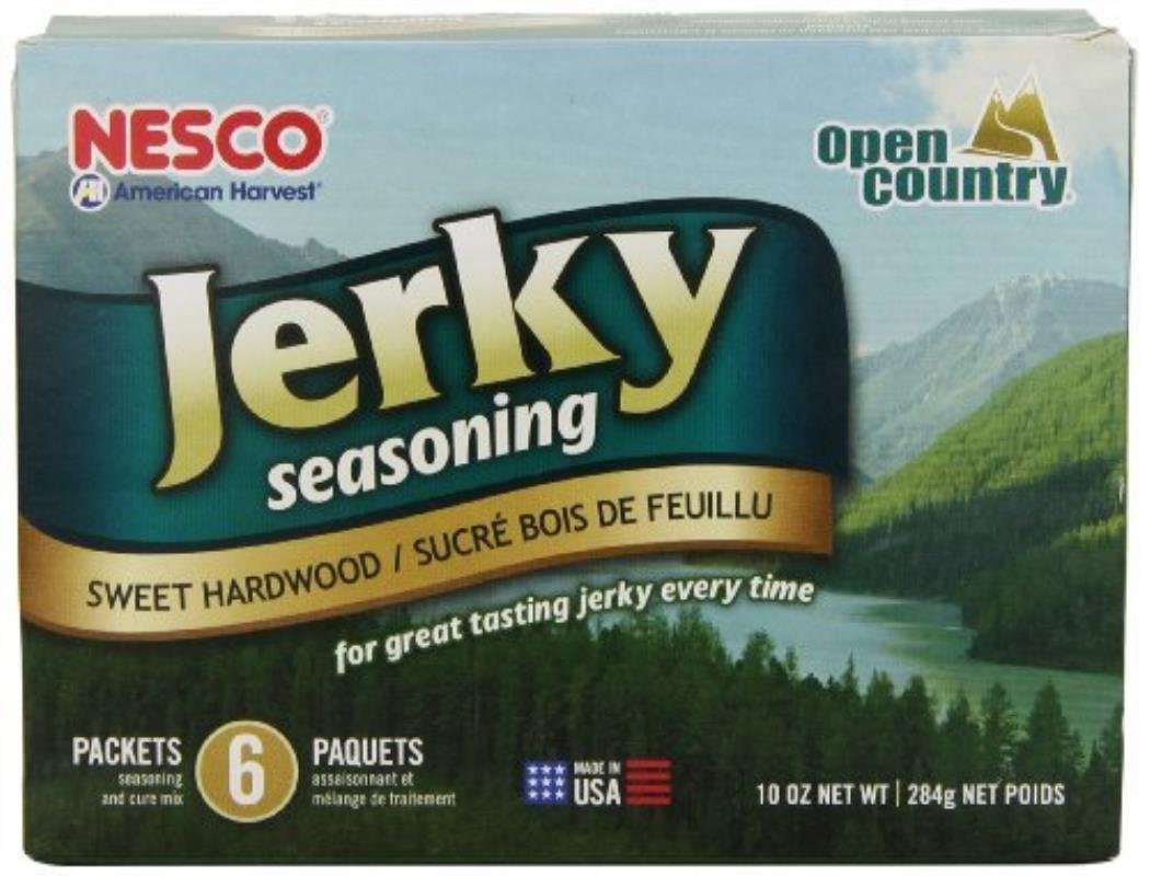 NESCO front packaging showing three sweet hardwood jerky seasoning packs, easy homemade jerky