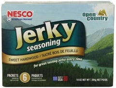 NESCO front packaging showing three sweet hardwood jerky seasoning packs, easy homemade jerky