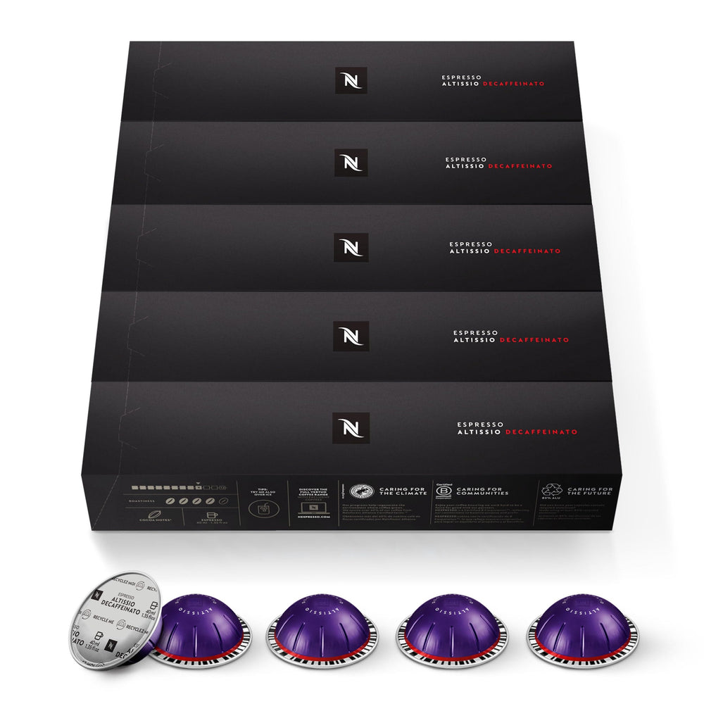 Nespresso Altissio Decaffeinato capsule close-up highlighting durable aluminum and freshness