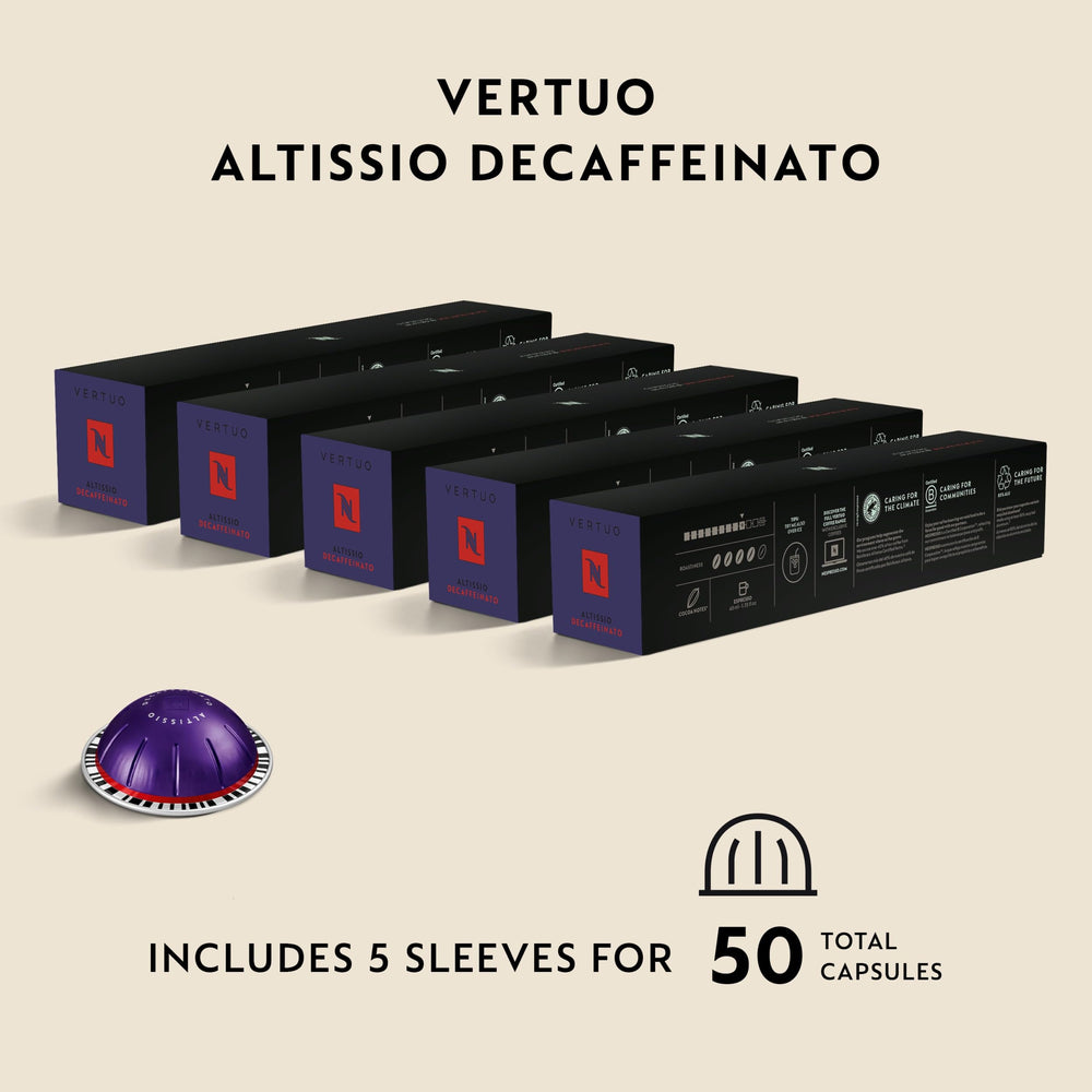 Nespresso Altissio Decaffeinato espresso pouring into demitasse showing intense roast aroma