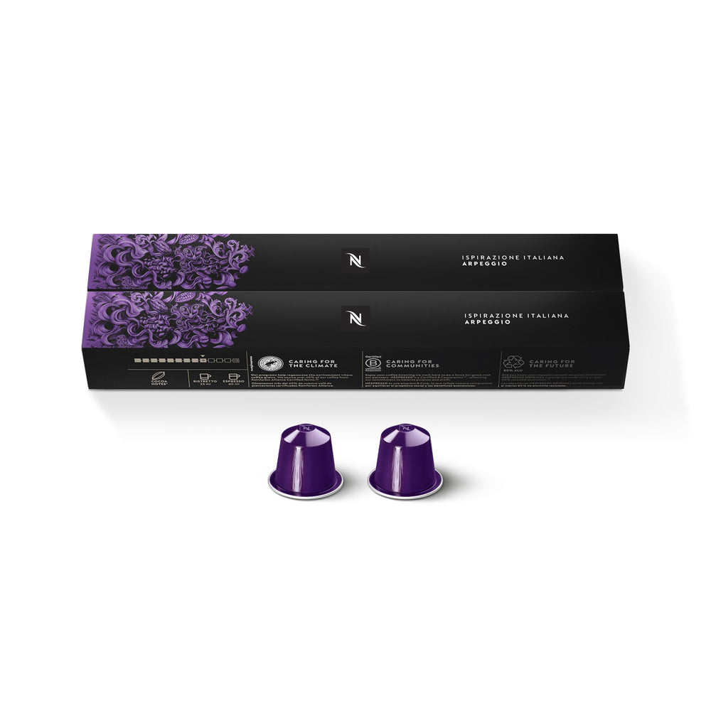 Nespresso Arpeggio capsule close-up highlighting aluminum freshness preservation benefit