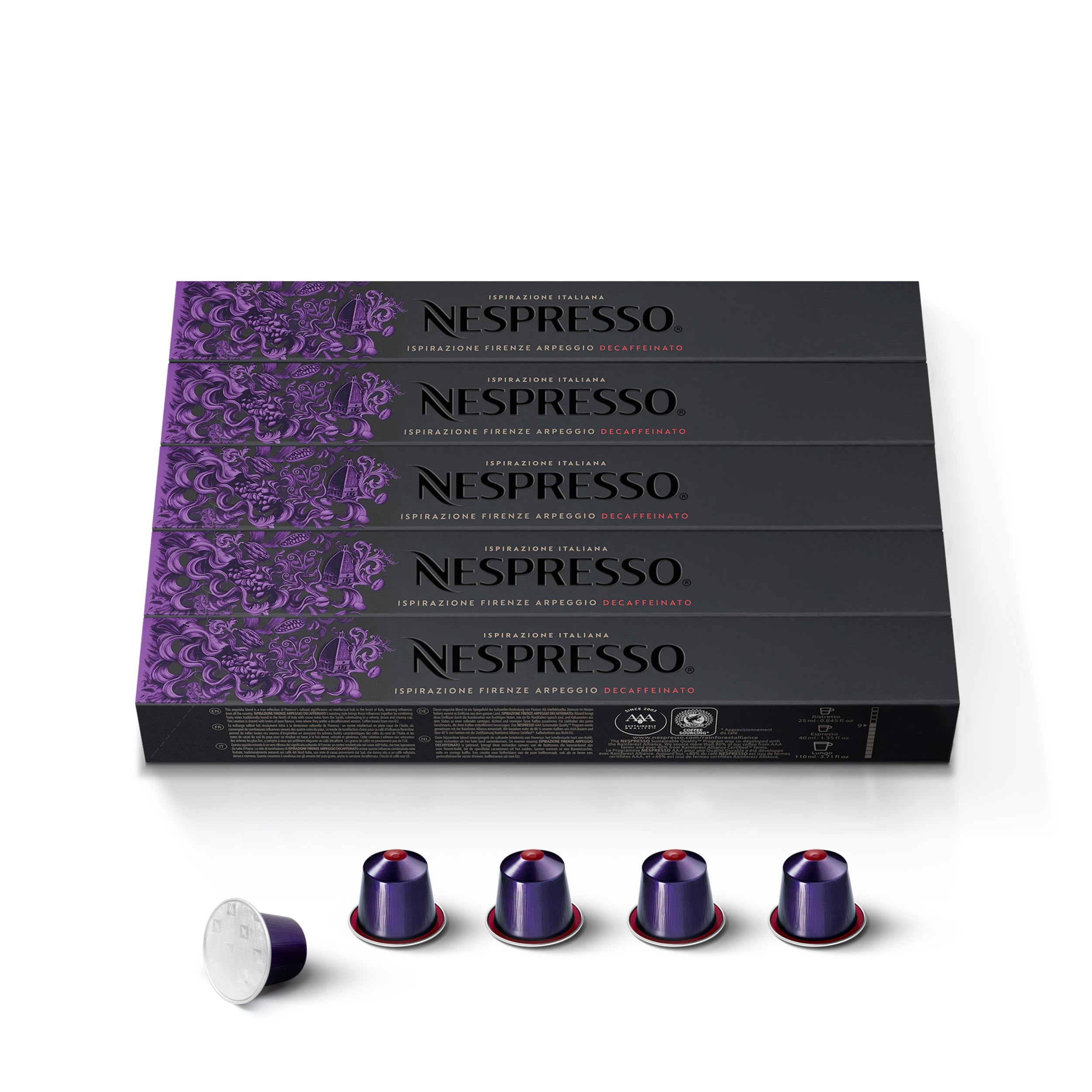 Nespresso Arpeggio Decaffeinato front pack showing pods and branding, clear product benefit
