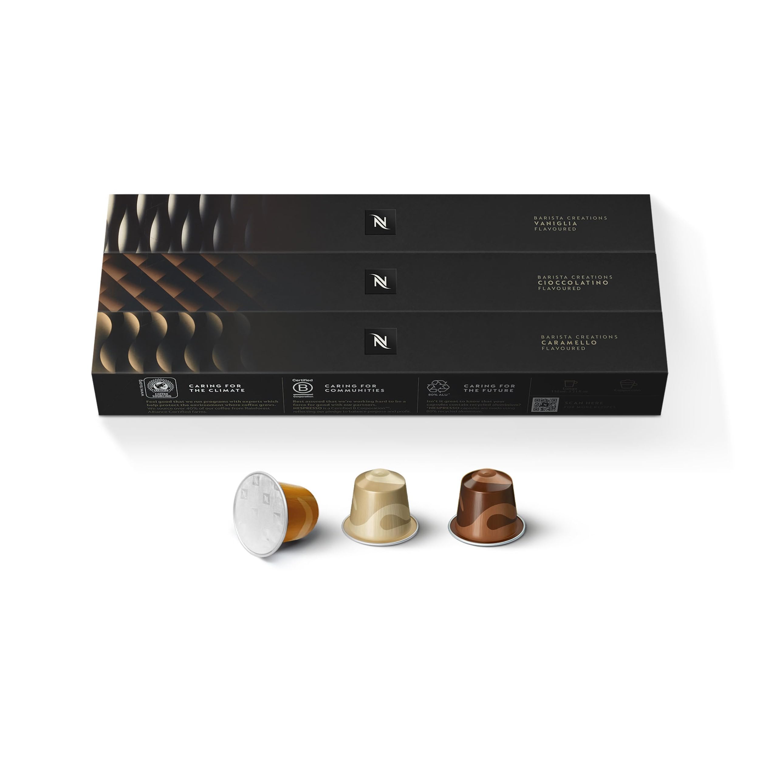 Nespresso Barista Flavored Pack front packaging showing three flavor varieties and benefit of variety