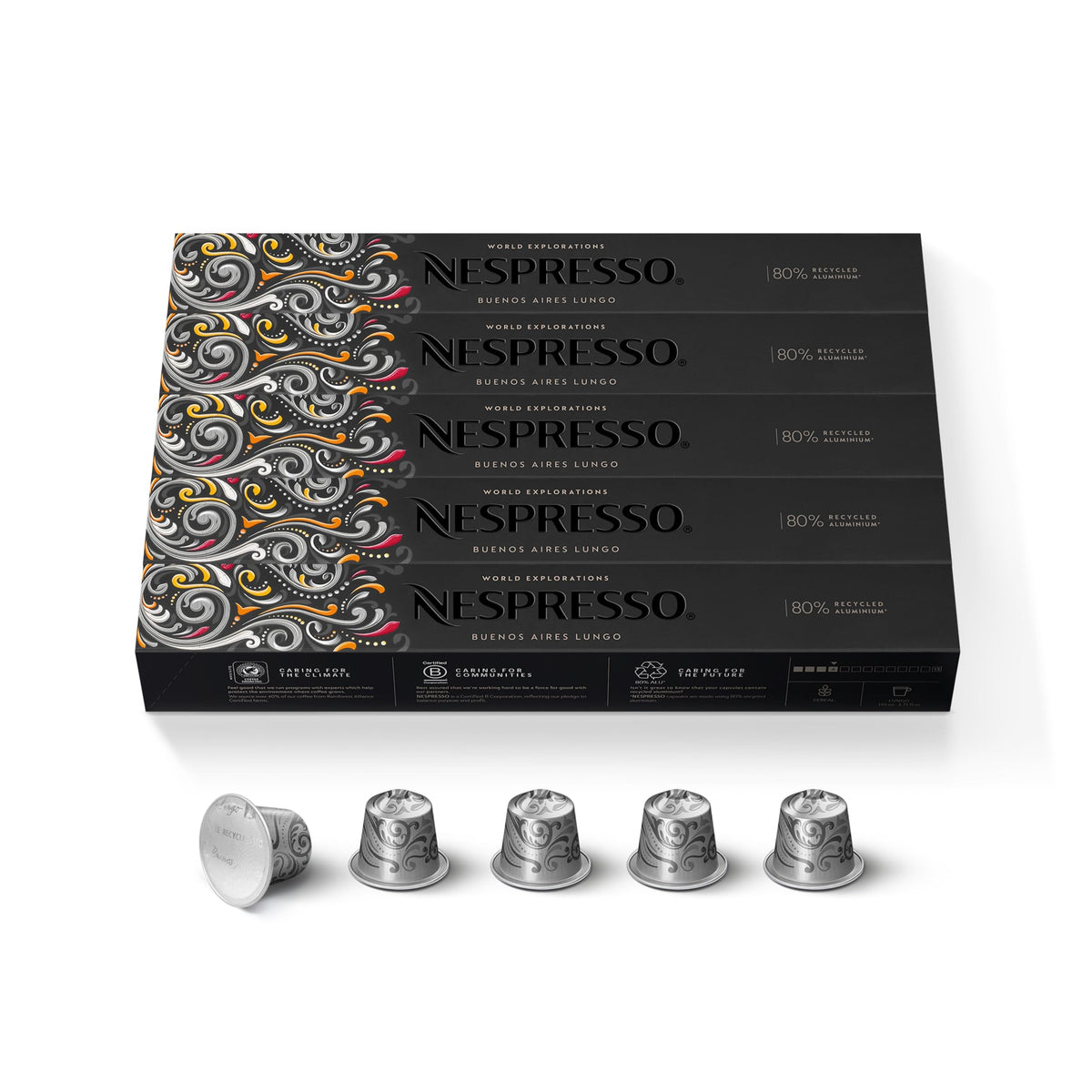 Nespresso Buenos Aires front packaging showing 50 capsules and flavor story