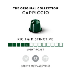 Nespresso Capriccio capsule close-up highlighting aluminum seal and freshness benefit