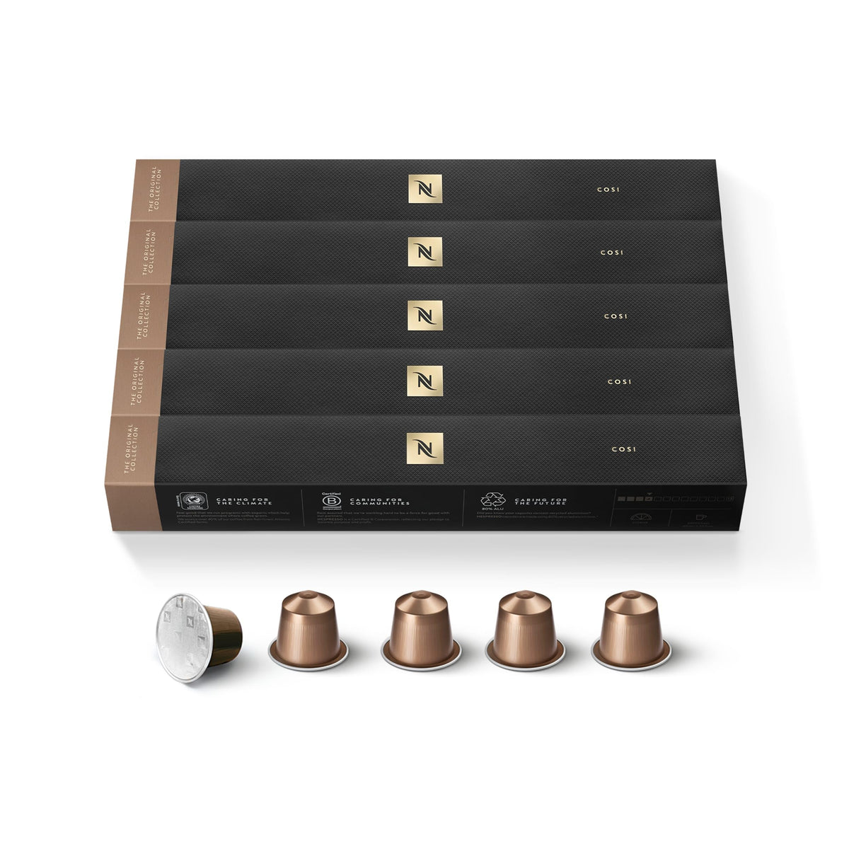 Nespresso Cosi front packaging shows 50 pods and clear branding benefit freshness