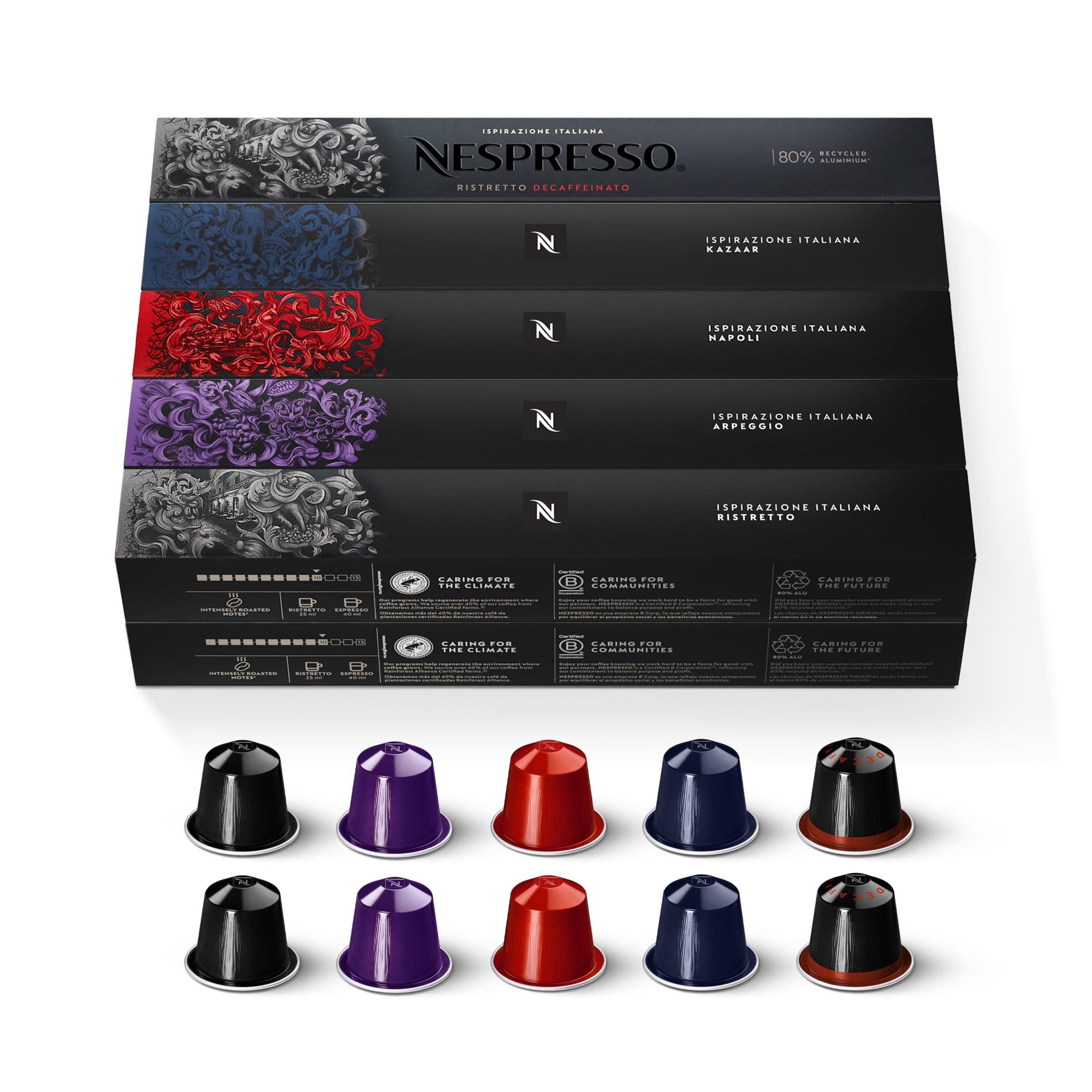 Nespresso pack front showing dark roast variety and bold branding benefits convenience