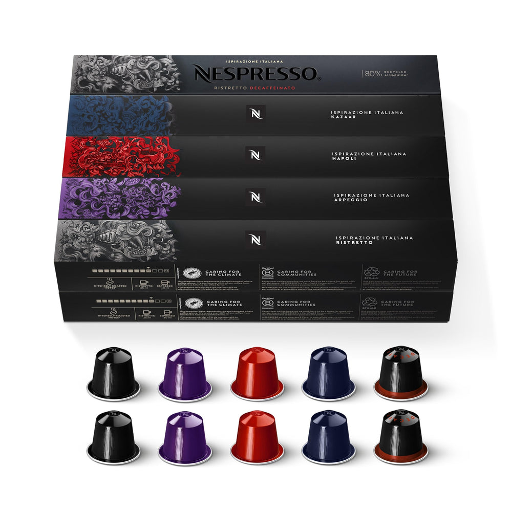 Nespresso pack front showing dark roast variety and bold branding benefits convenience