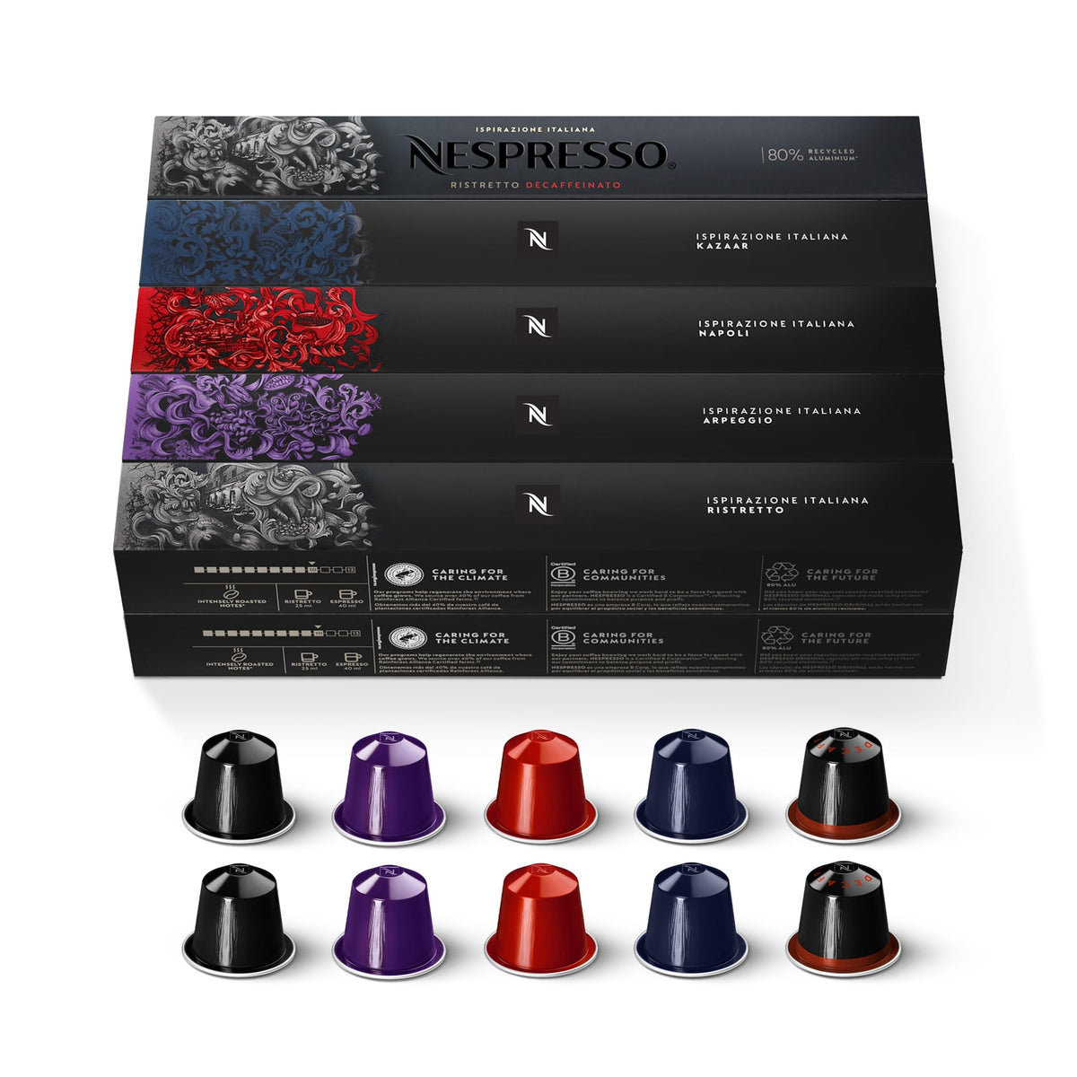 Nespresso pack front showing dark roast variety and bold branding benefits convenience