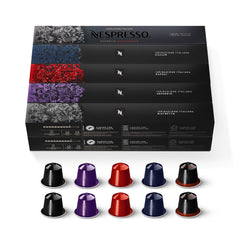 Nespresso pack front showing dark roast variety and bold branding benefits convenience