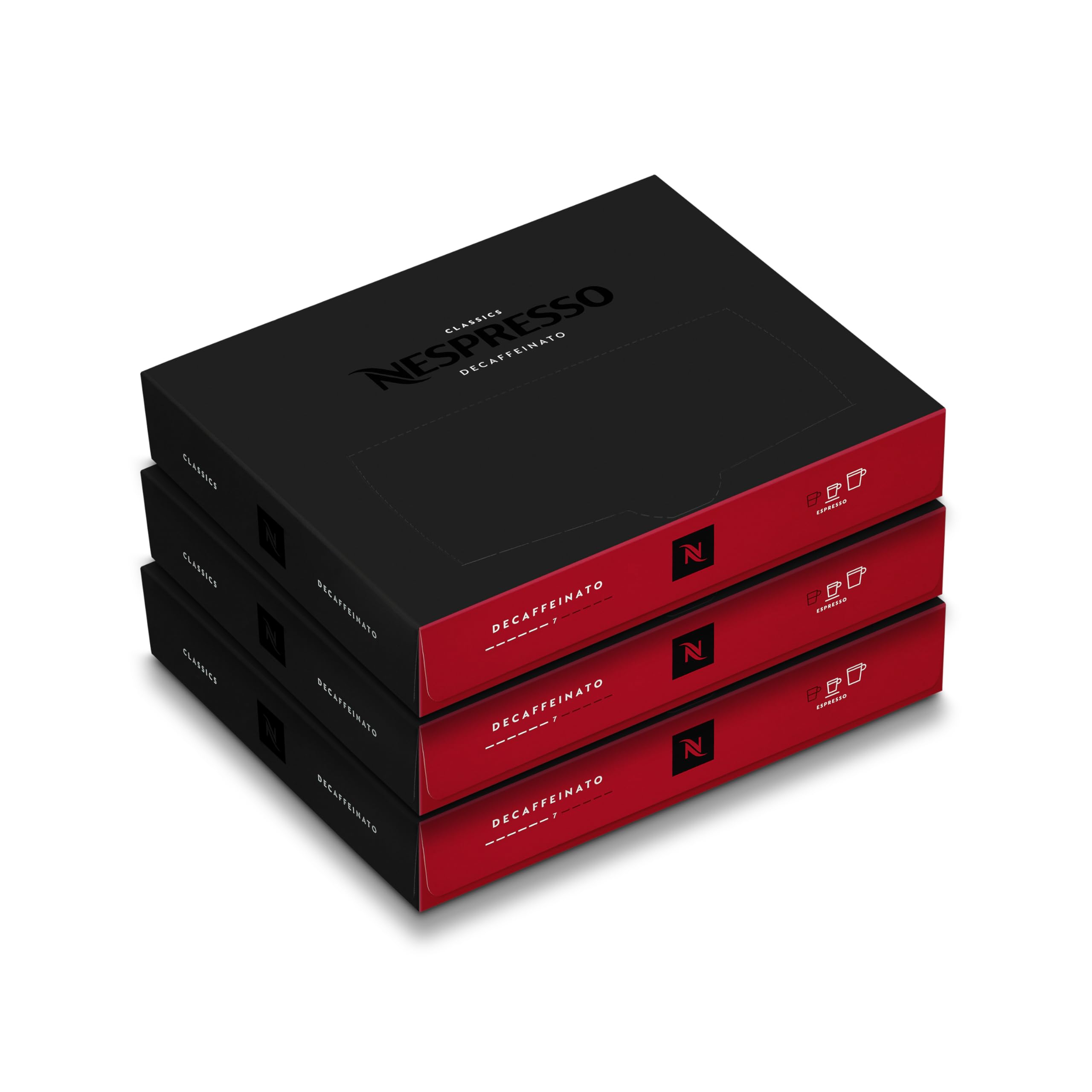 Nespresso Decaffeinato front packaging showing 3 boxes and professional branding, convenient supply
