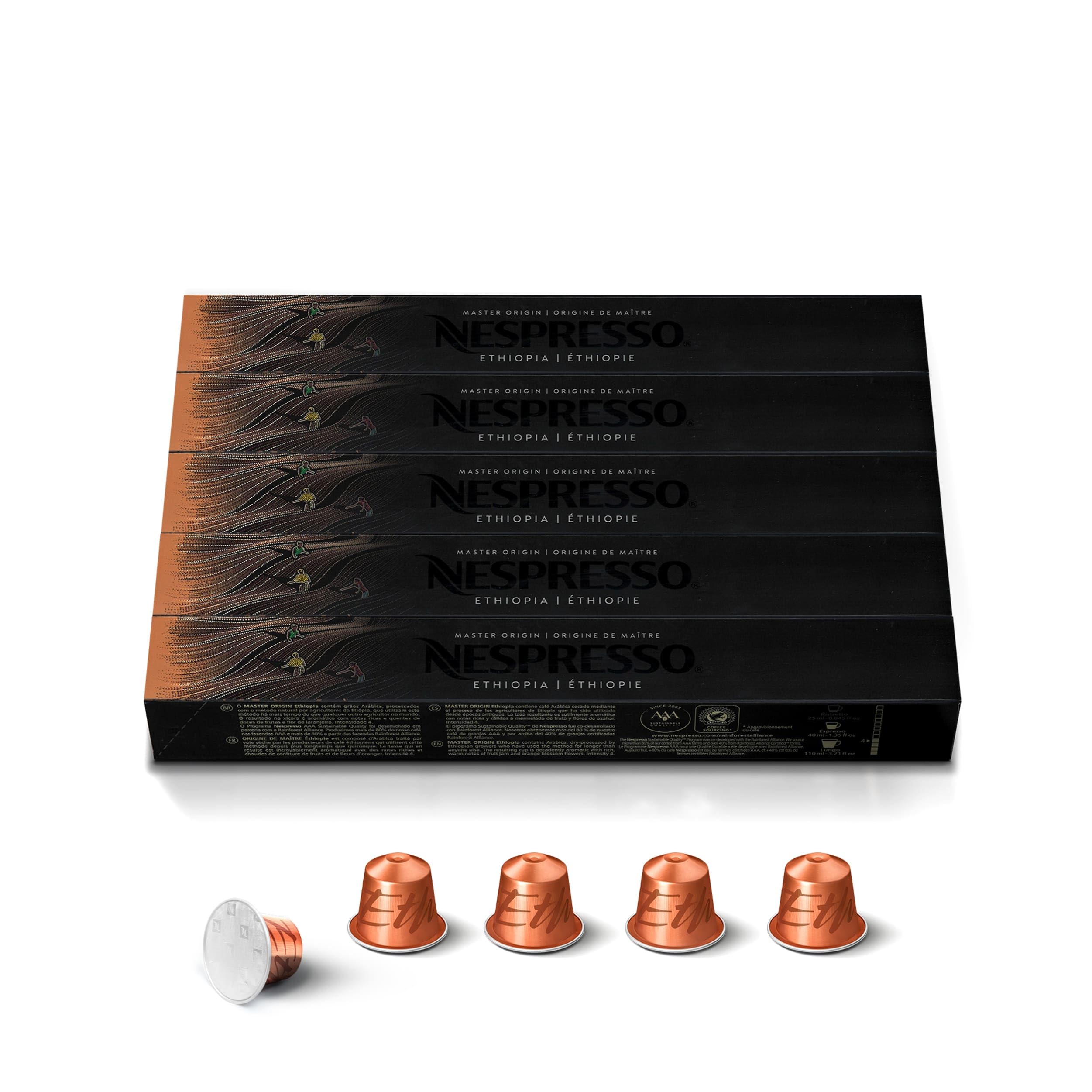 Nespresso pack front showing Ethiopia Master Origin and 50 count, highlighting aromatic profile
