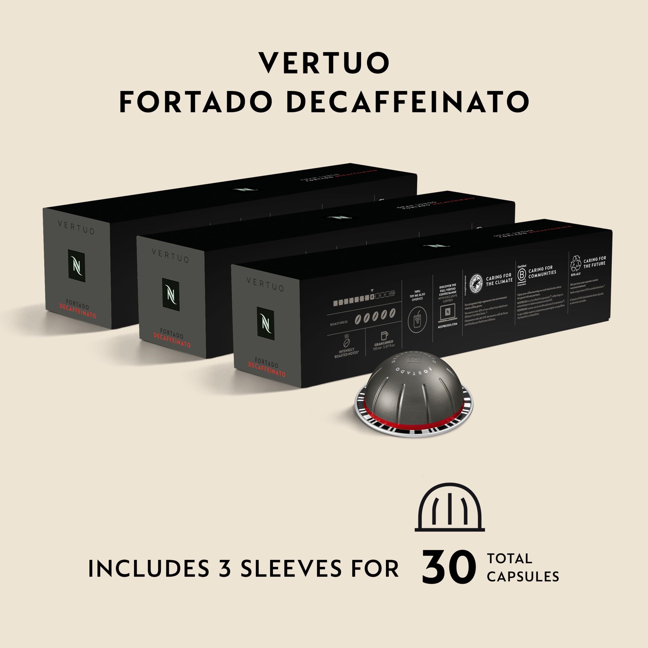 Nespresso Fortado Decaffeinato beans blend close-up illustrating Robusta and Arabica character