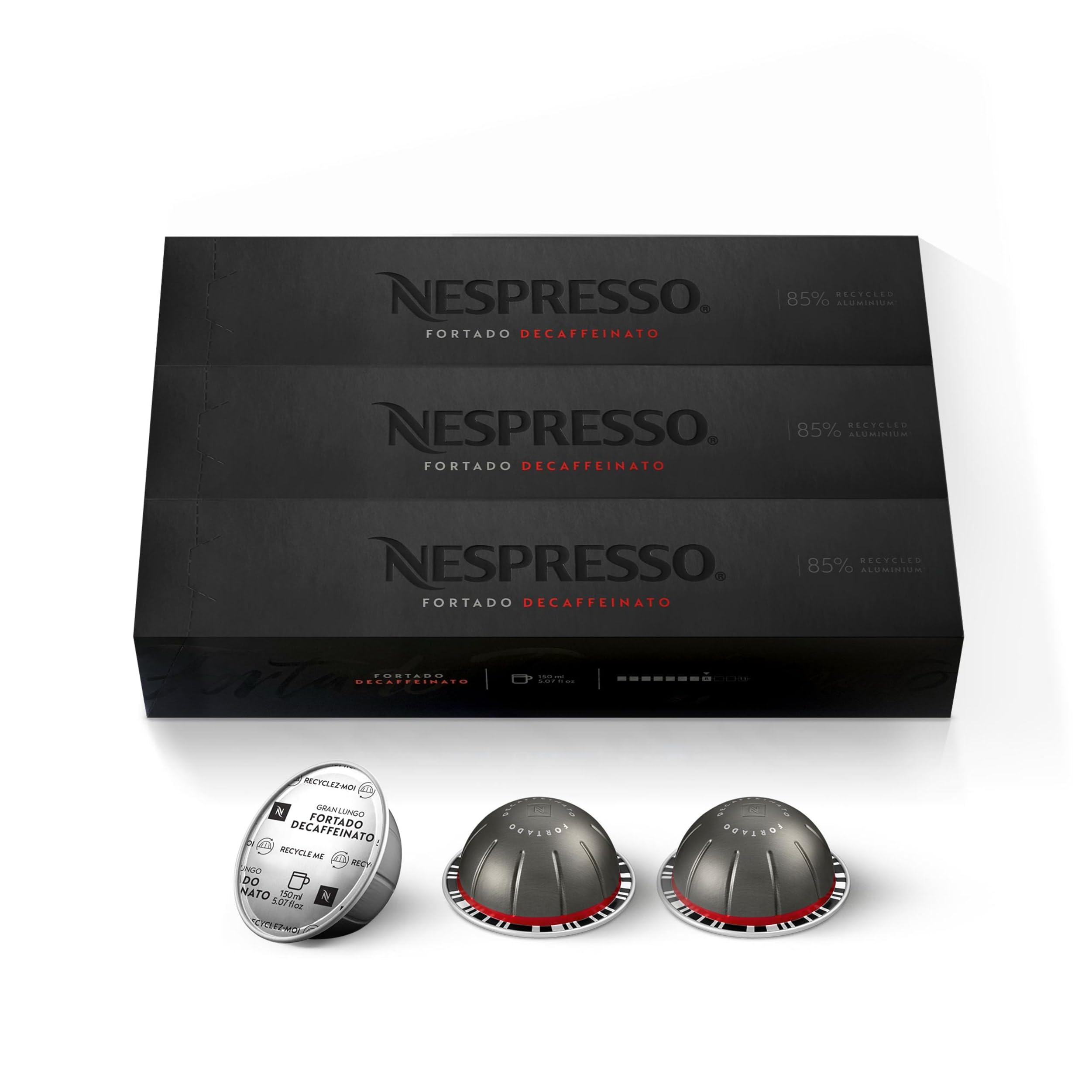 Nespresso Fortado Decaffeinato capsule close-up highlighting airtight aluminum freshness