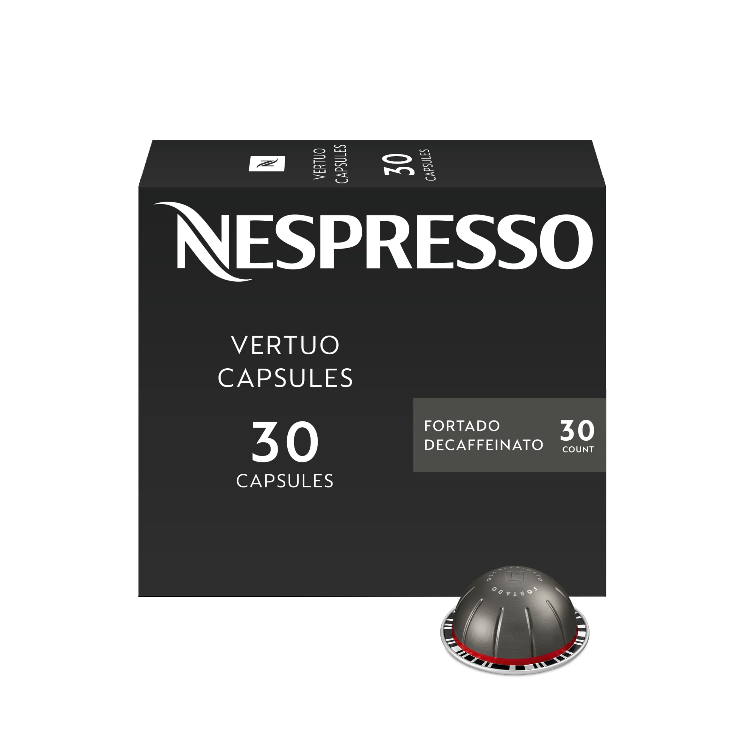 Nespresso Fortado Decaffeinato pack front showing product and intensity benefits