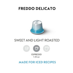 Nespresso Freddo Delicato capsule close-up showing aluminum seal and roast finish for freshness
