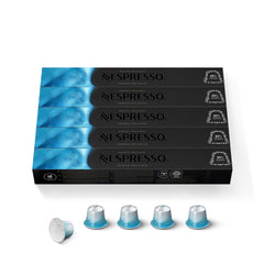 Nespresso Freddo Delicato front packaging showing 50-count and OriginalLine branding, highlights convenience