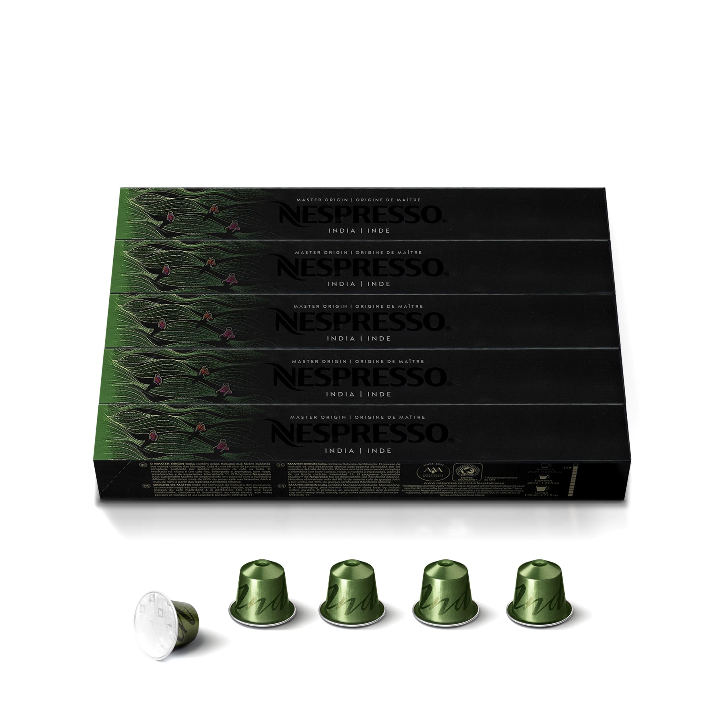 Nespresso India Master Origin front packaging showing 50-count box and bold branding, highlights freshness