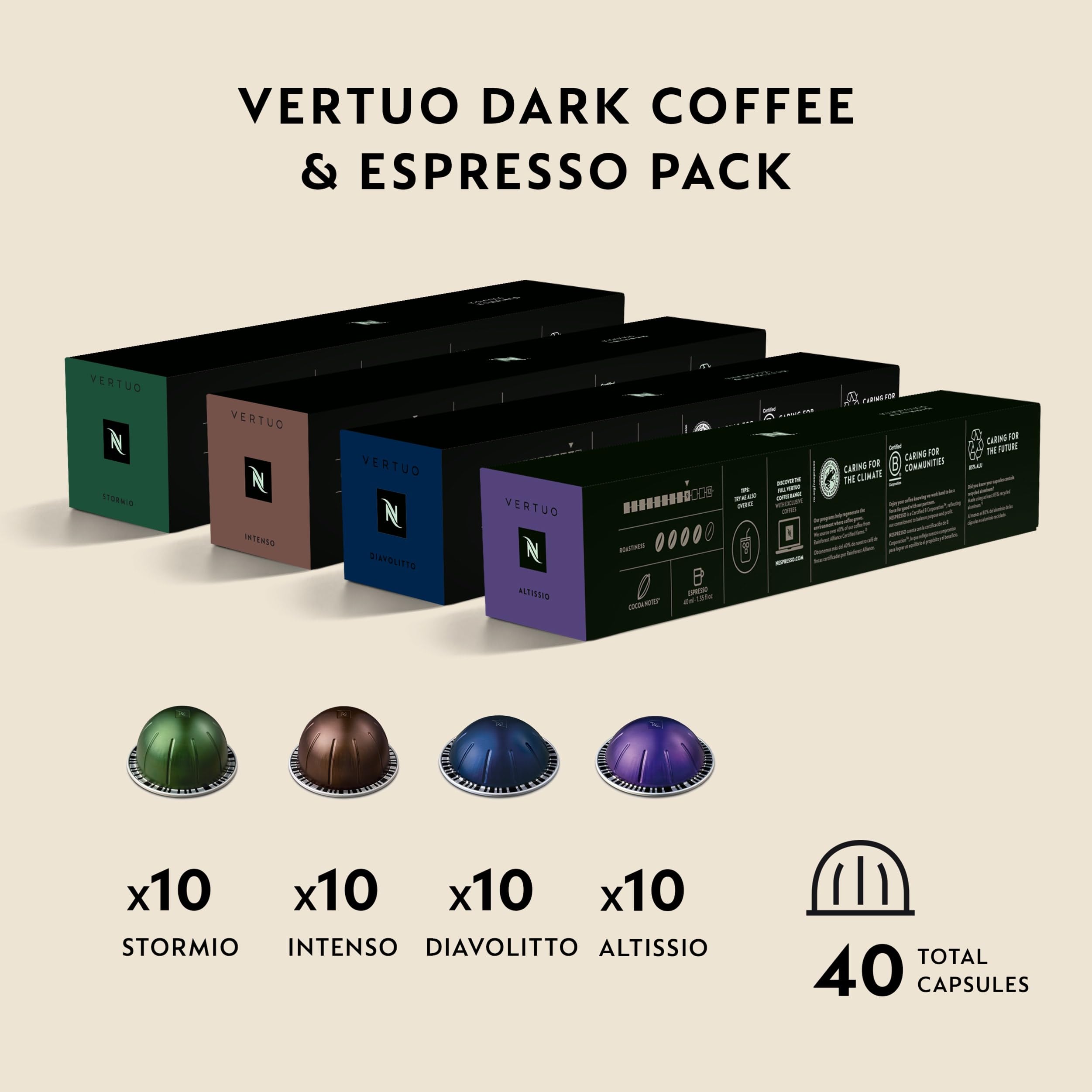 Nespresso Intenso capsule close-up emphasizing robust roast and bold taste benefit