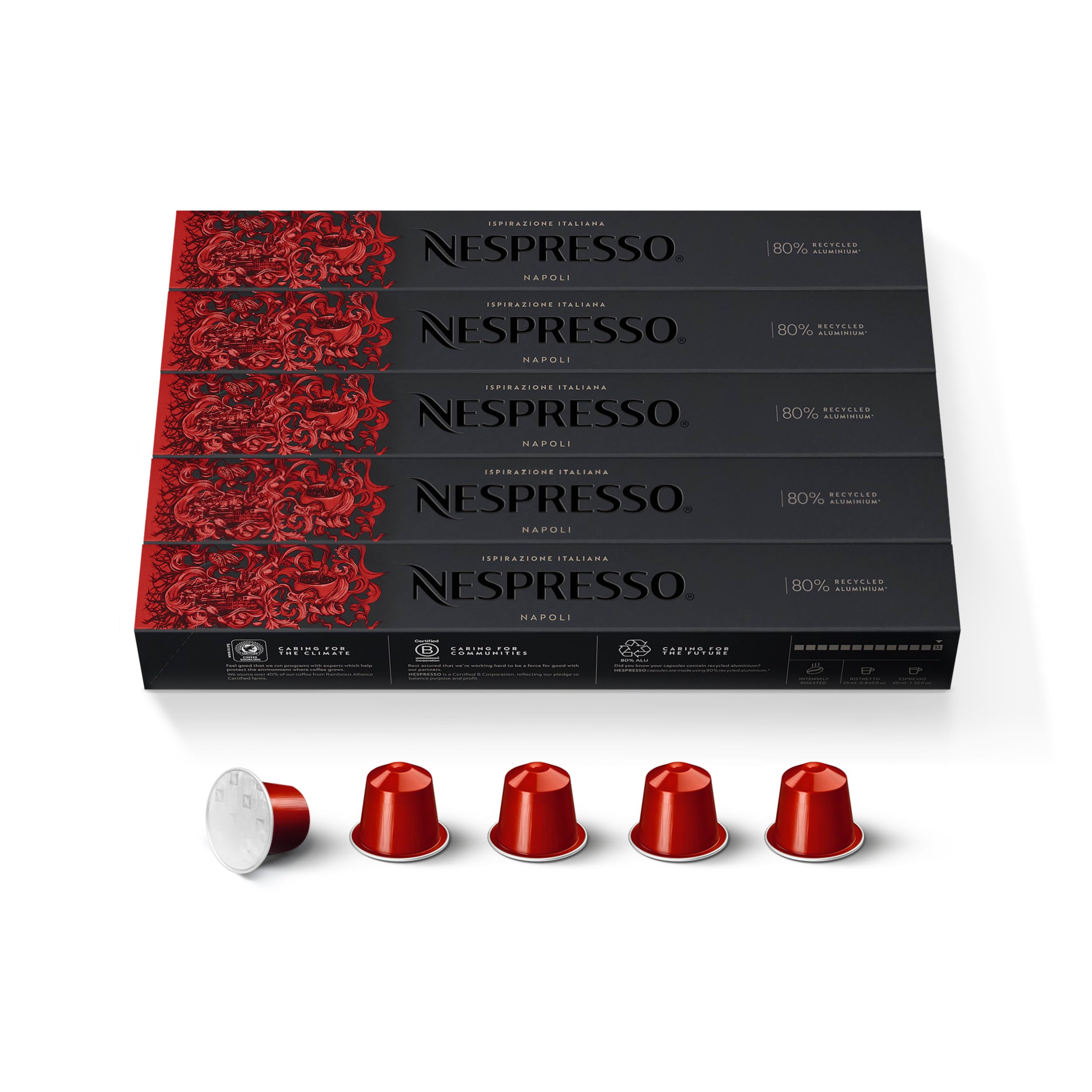Nespresso Ispirazione Napoli front packaging showing 50 capsules and intensity