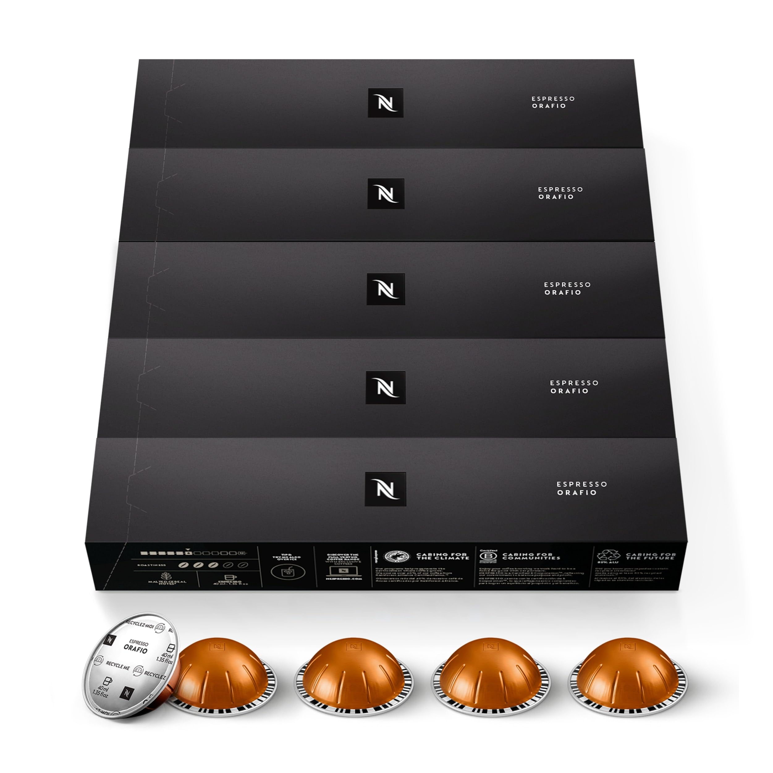 Nespresso Orafio capsules close-up texture highlighting sealed aluminum freshness
