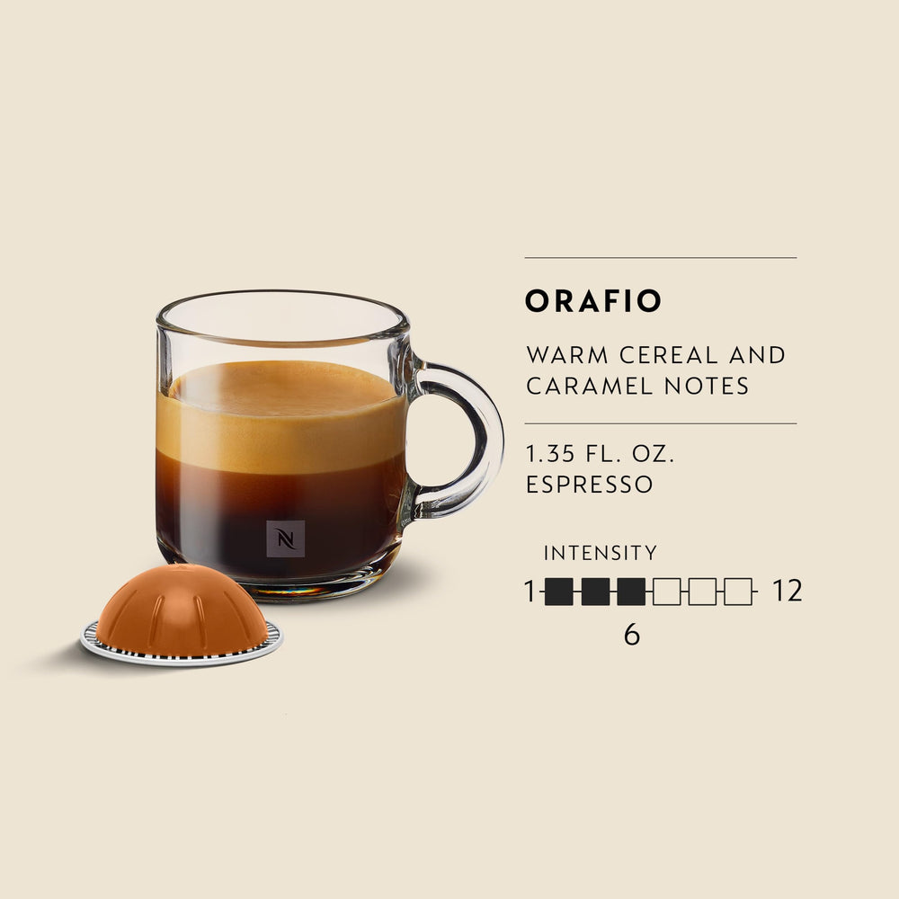 Nespresso Orafio espresso shot pouring into cup showing rich crema and smooth body