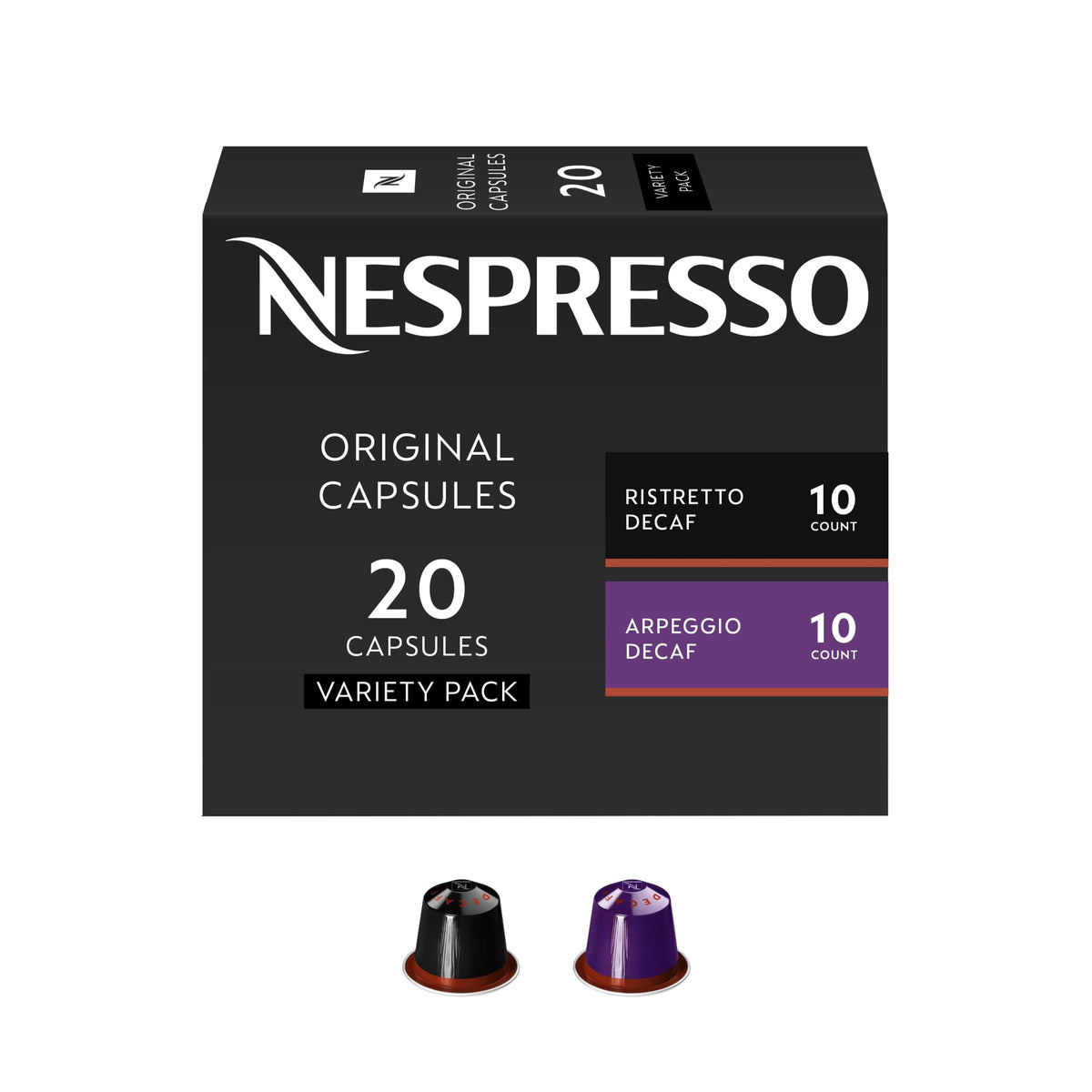 Nespresso front packaging showing 20-count decaf variety and convenient selection