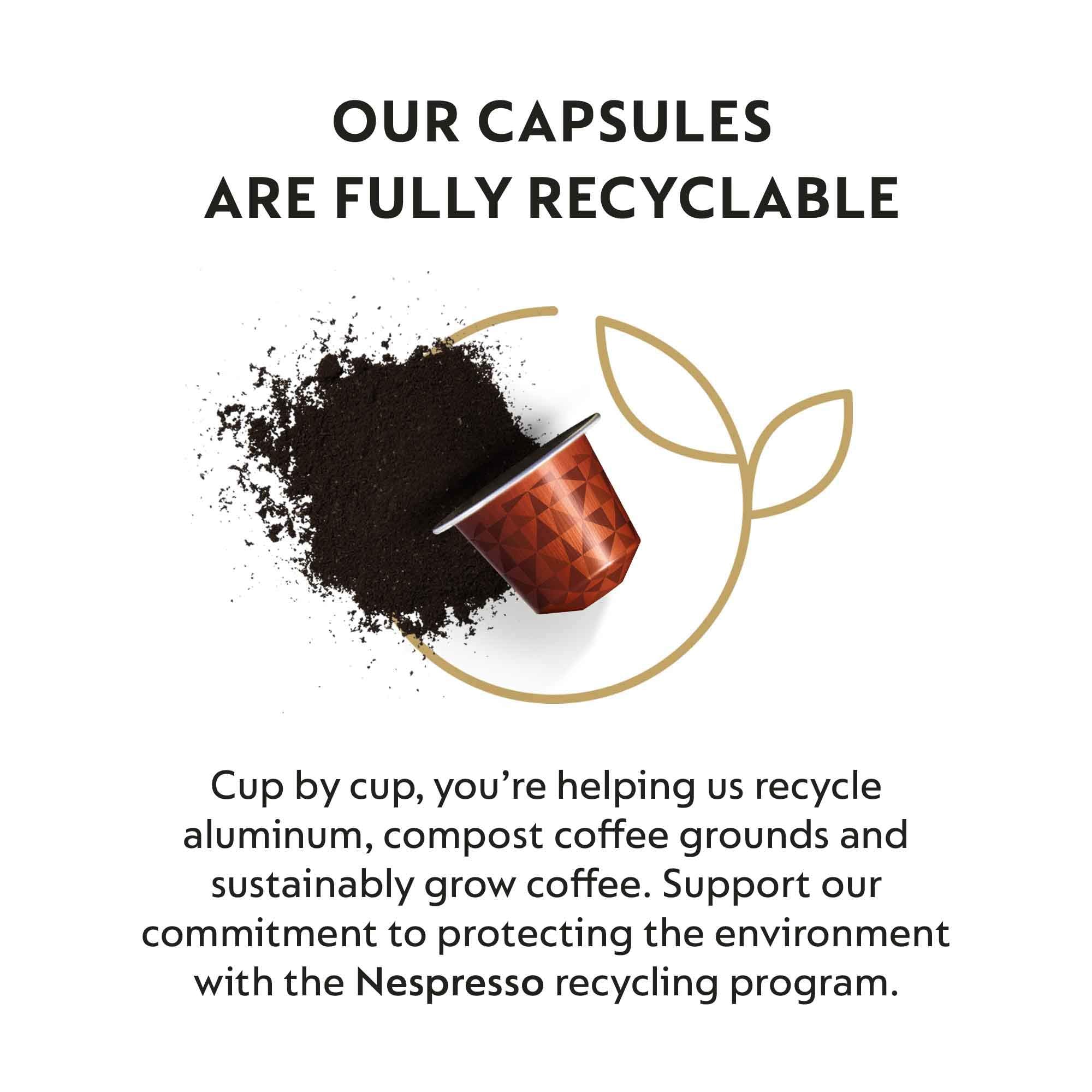 Nespresso original capsule next to a measuring spoon showing 3.7 oz serving scale