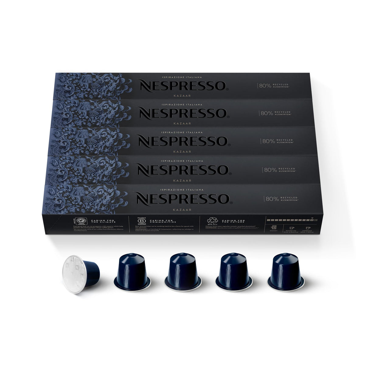 Nespresso Palermo Kazaar front packaging showing bold brand and pod count benefit