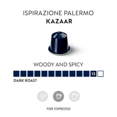 Nespresso Palermo Kazaar single capsule closeup highlighting pod design and freshness