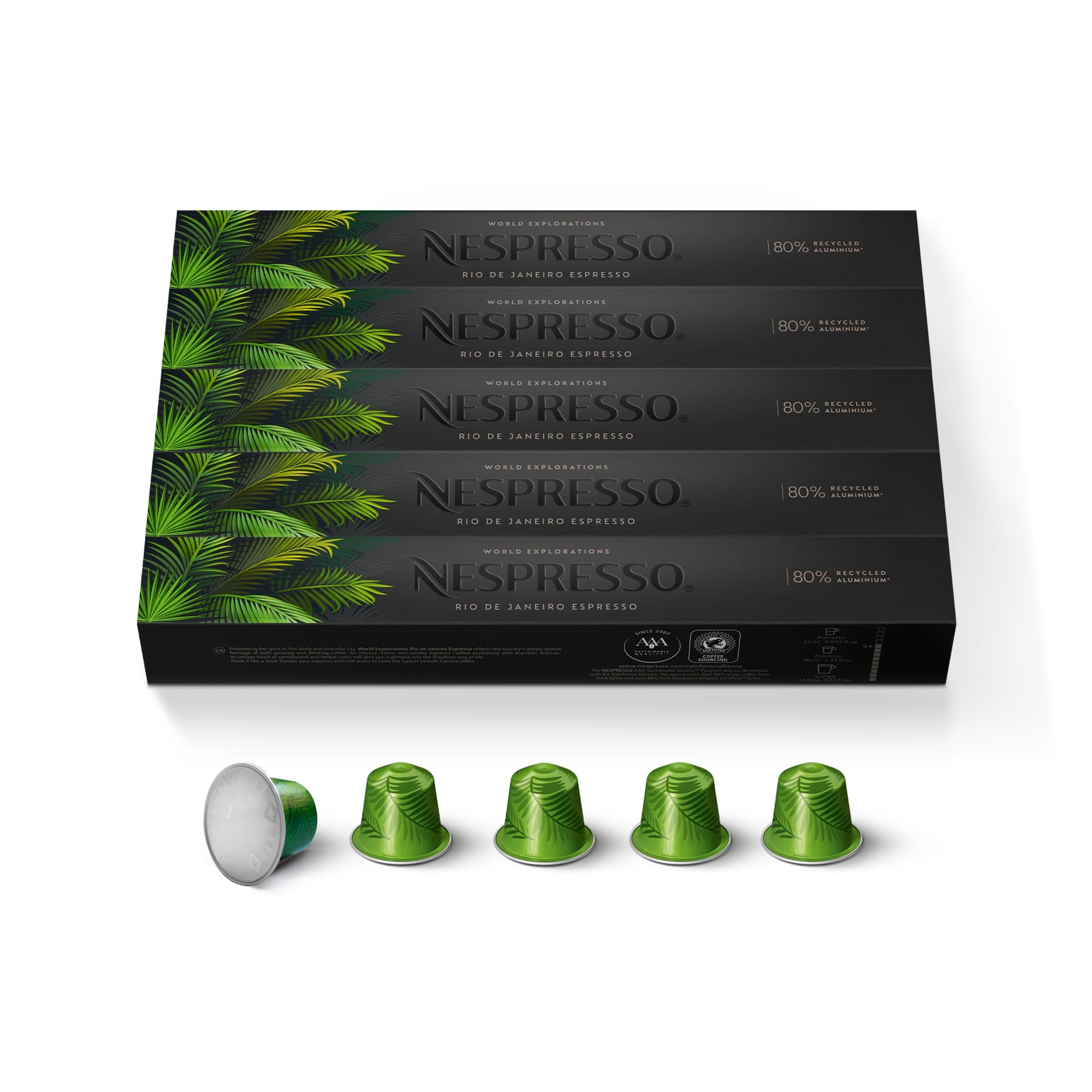 Nespresso Rio de Janeiro pack front showing 50 capsules and bold dark roast branding benefits consistent espresso