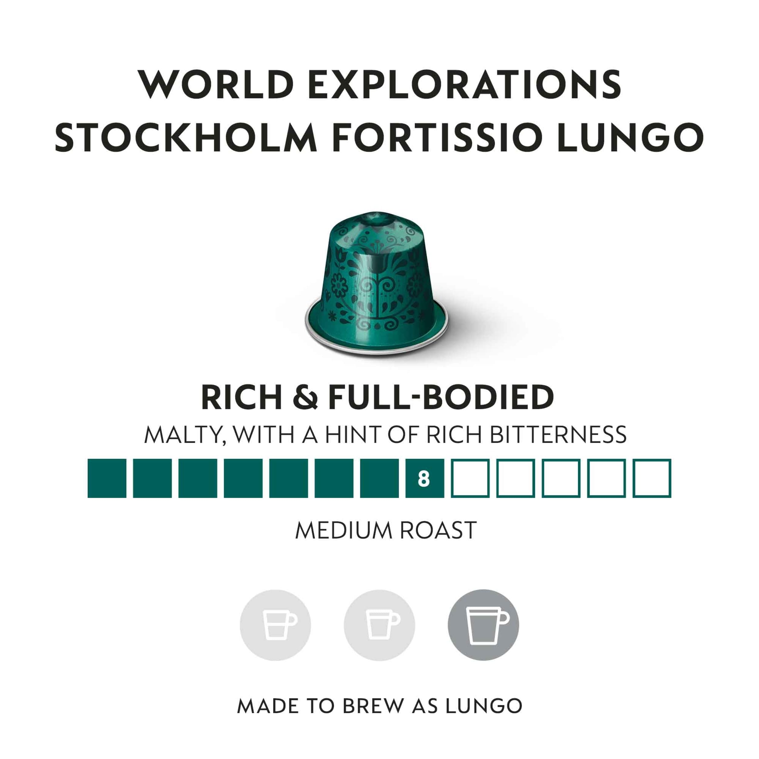 Nespresso Stockholm Fortissio capsule close-up highlighting aluminum seal and aroma preservation benefit