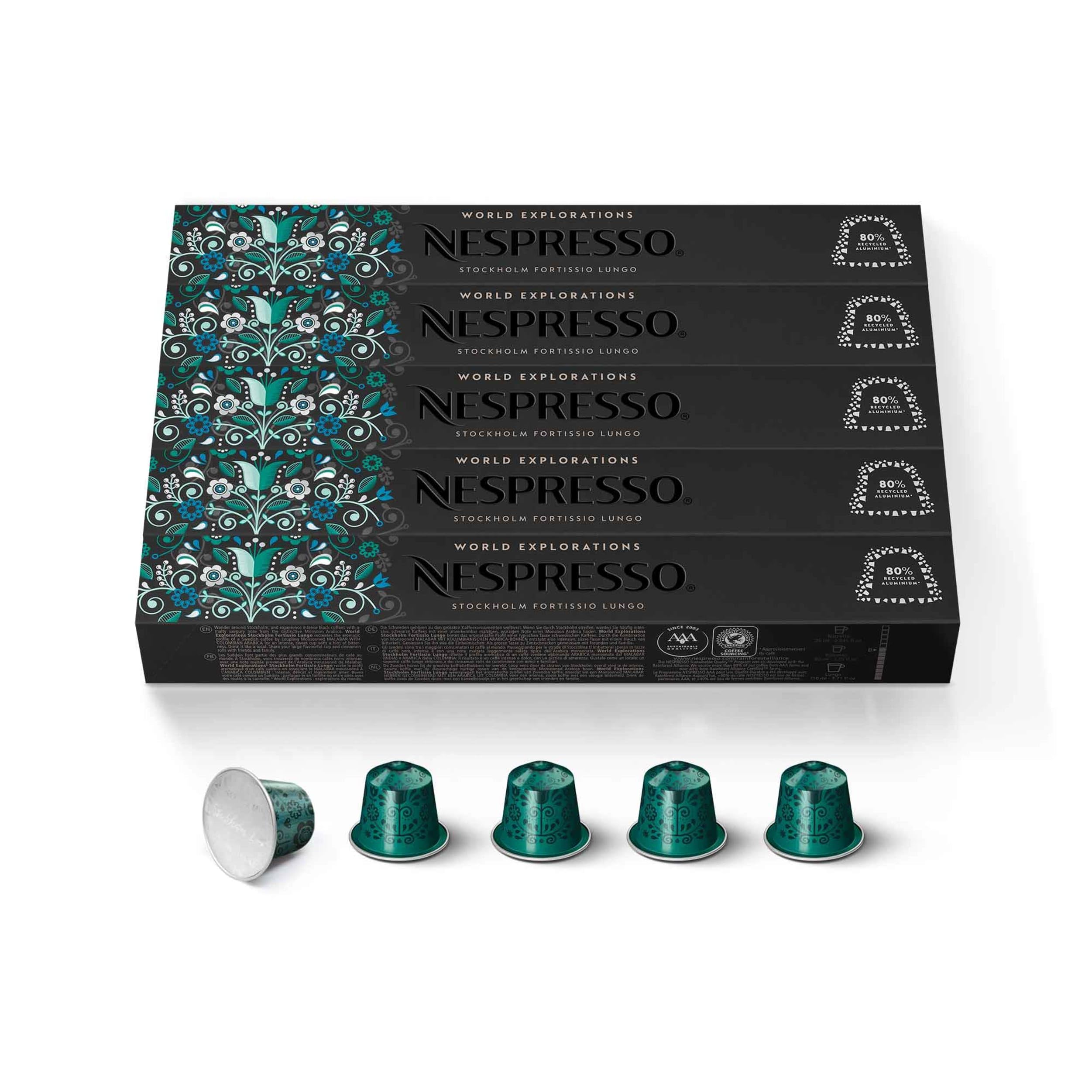 Nespresso Stockholm Fortissio front packaging showing capsule box and branding benefit freshness