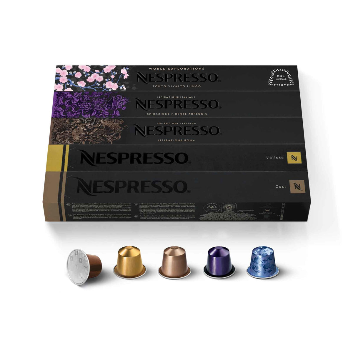 Nespresso variety pack front packaging showing five blend assortment and freshness benefit