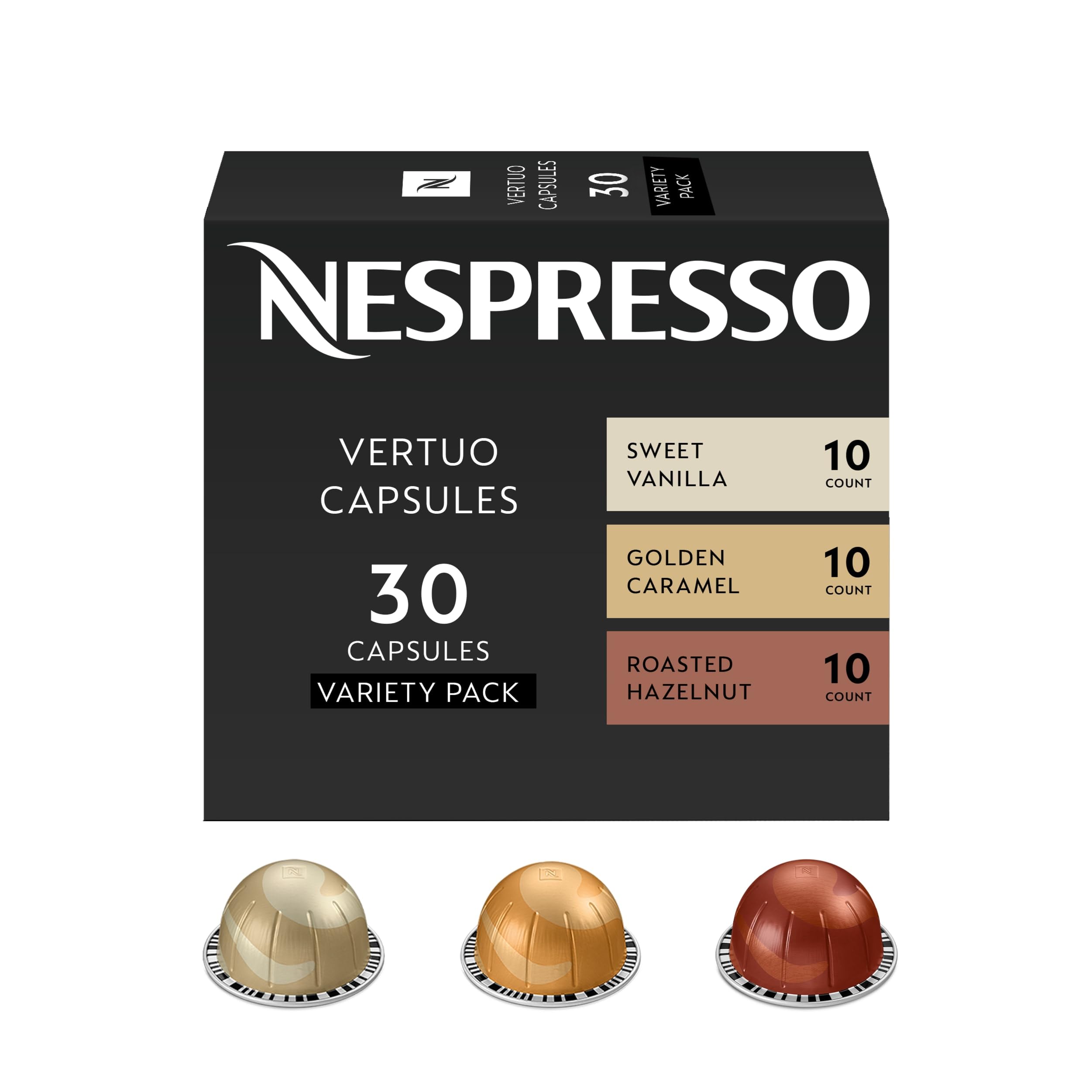 Nespresso Vertuo front box showing barista flavored pack and easy selection benefit
