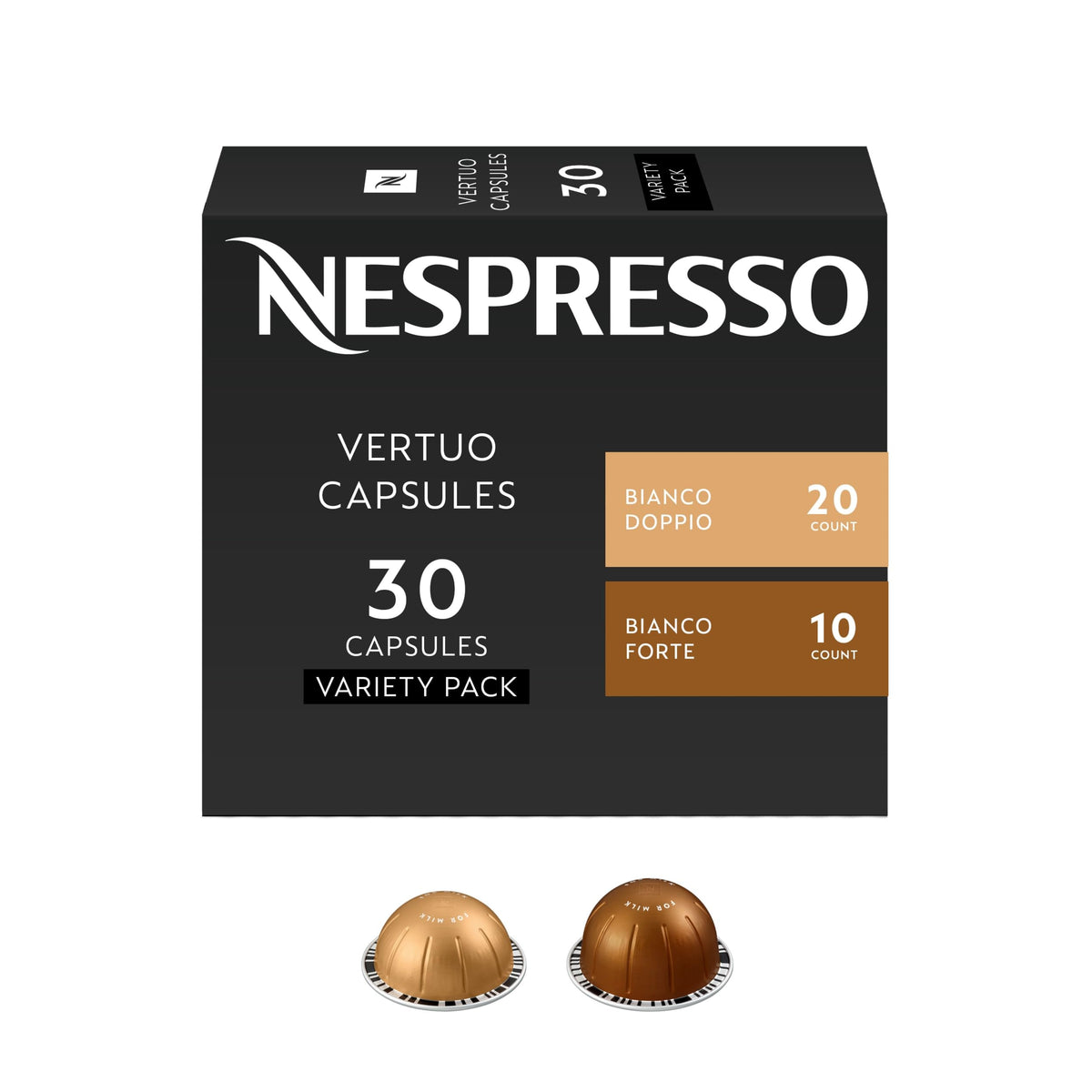 Nespresso Vertuo Bianco pack front view showing 30-count box and branding for easy selection