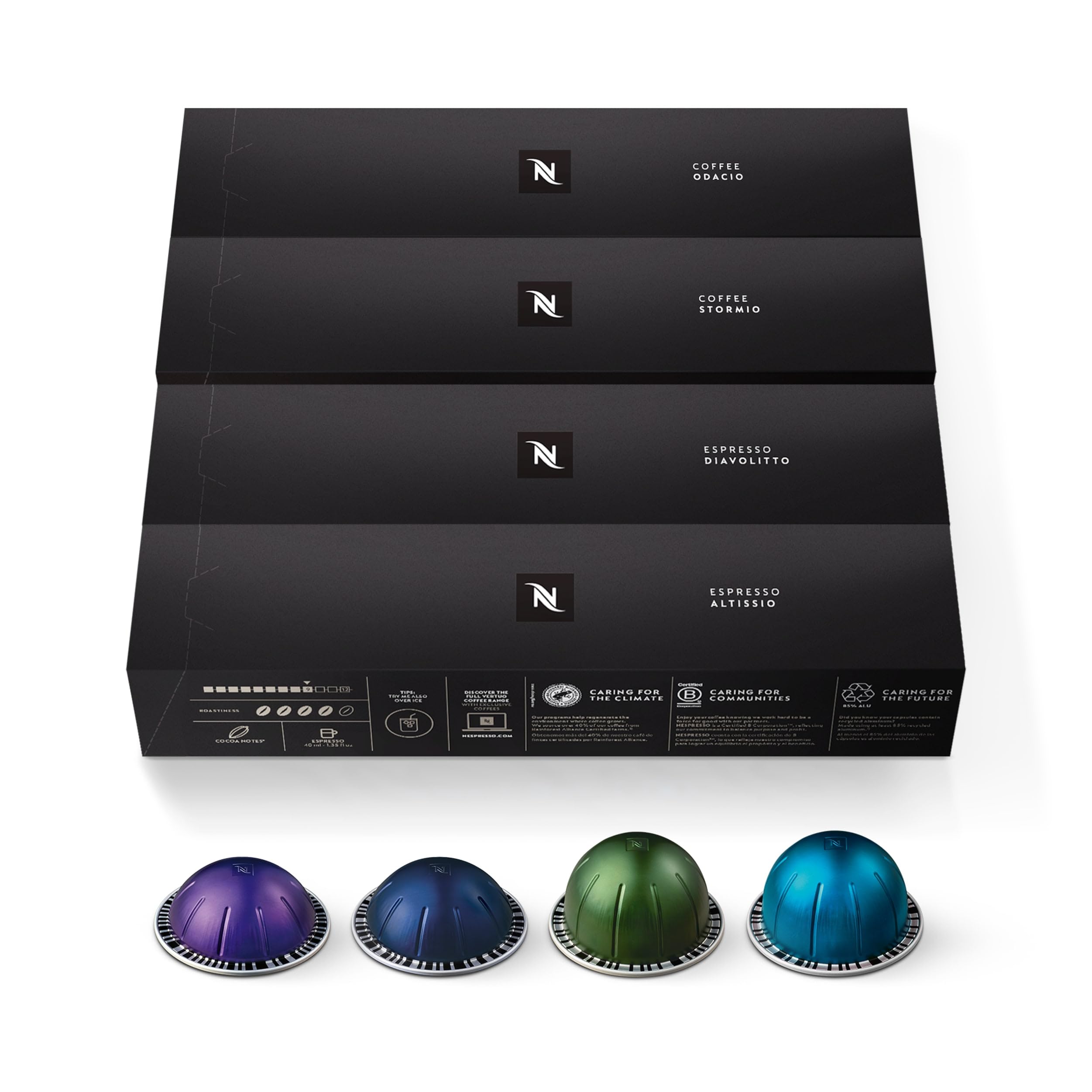 Nespresso close-up of assorted Vertuo capsules highlighting convenient portioning