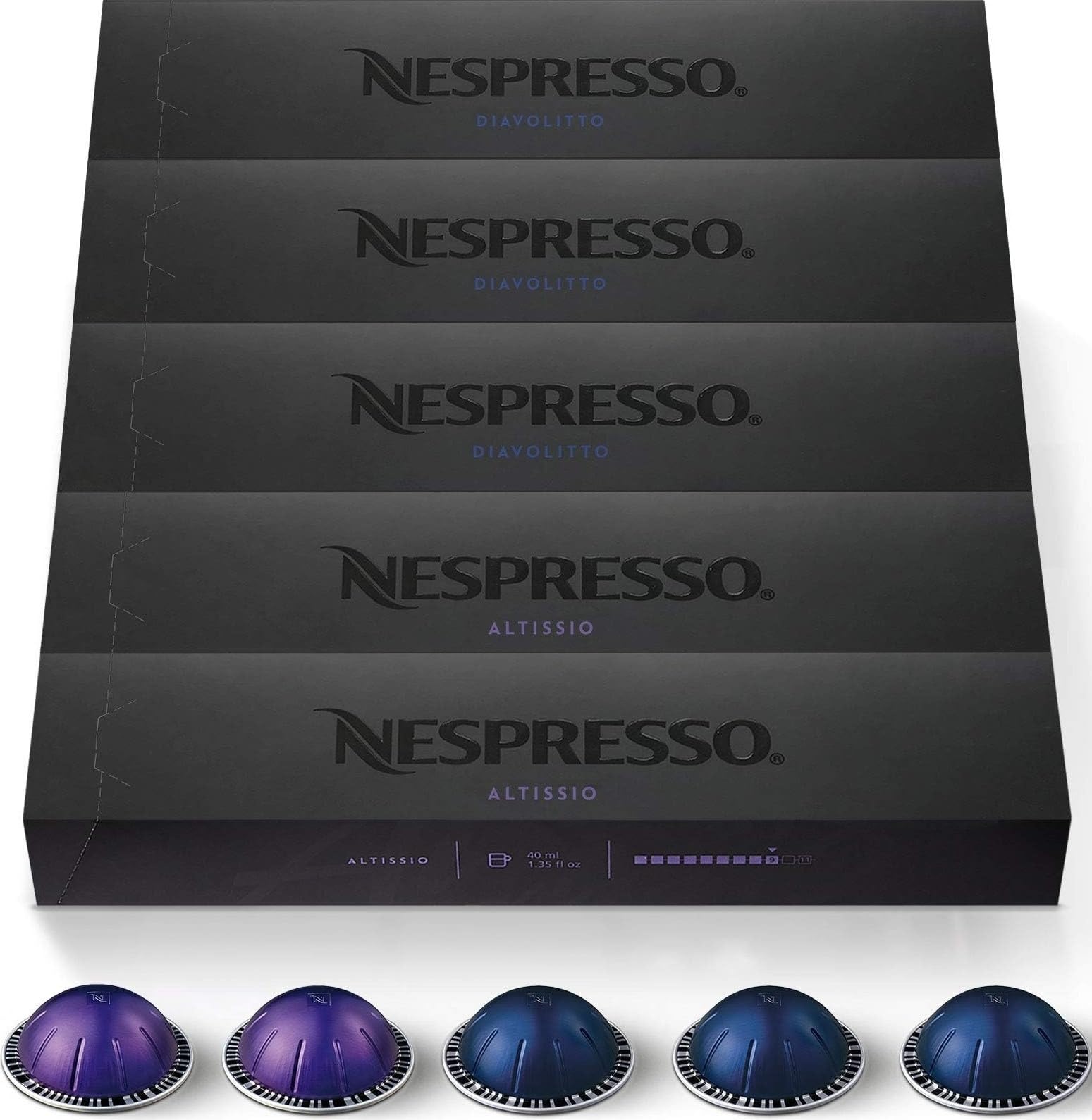 Nespresso front packaging showing 50-count Vertuo variety pack and quick selection