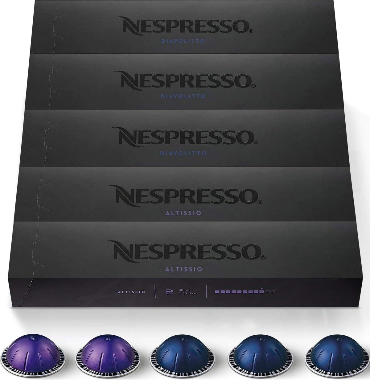 Nespresso front packaging showing 50-count Vertuo variety pack and quick selection