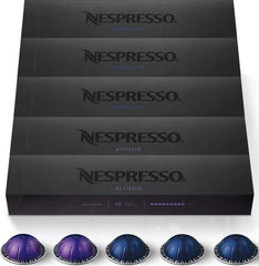 Nespresso front packaging showing 50-count Vertuo variety pack and quick selection