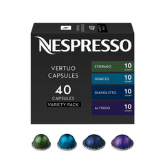 Nespresso front packaging showing 40-count variety pack and bold blends