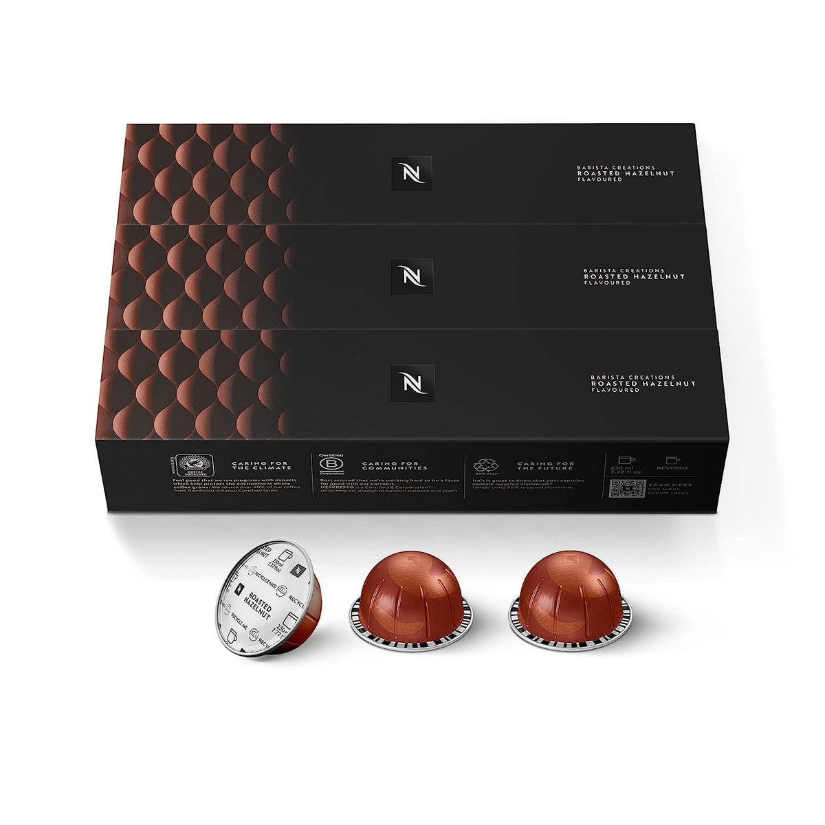 Nespresso Vertuo front packaging showing 30-count box and benefits