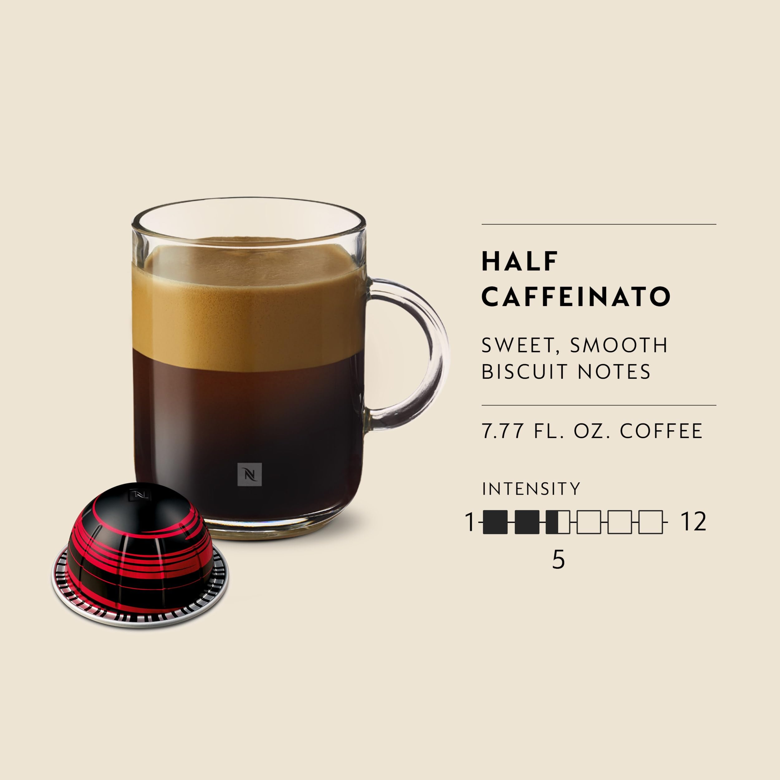 Nespresso Half Caffeinato brewed cup top view showing crema and aroma