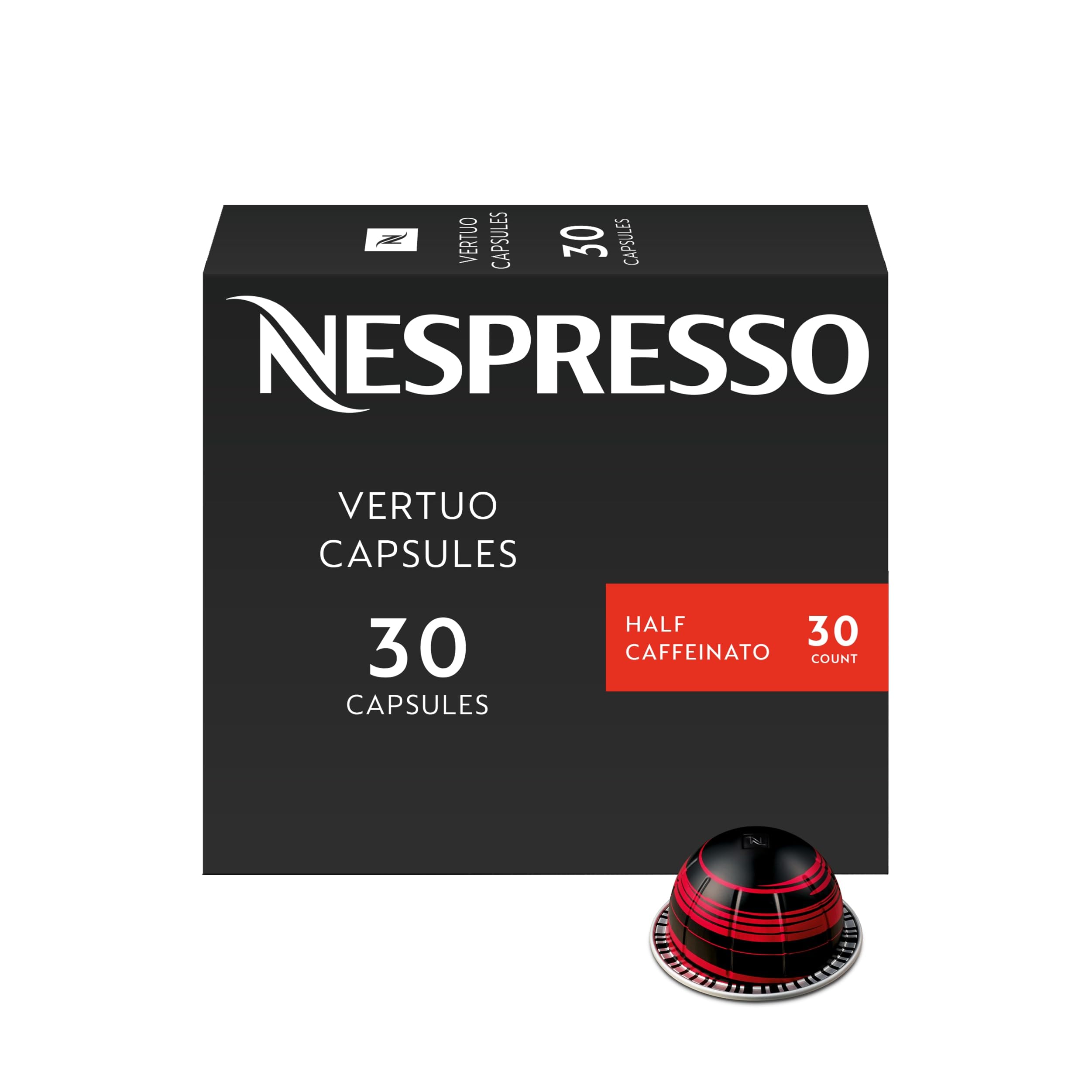 Nespresso Half Caffeinato front packaging showing box and count benefit