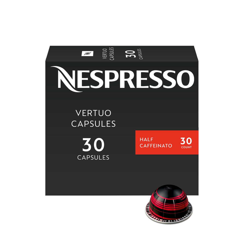 Nespresso Half Caffeinato front packaging showing box and count benefit