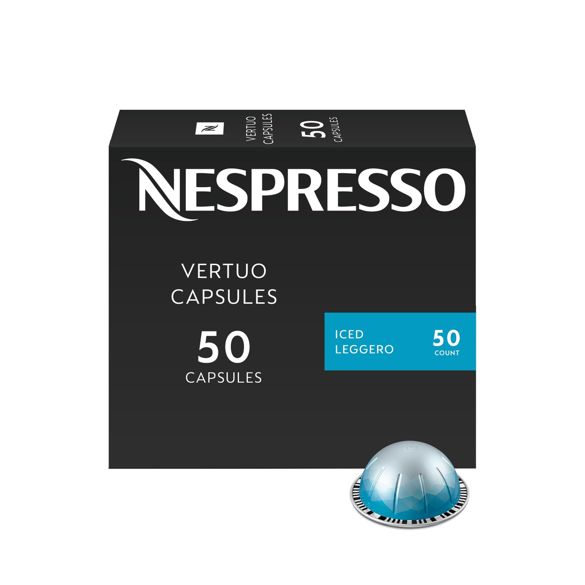Nespresso Vertuo Ice Leggero front pack showing capsule box and branding benefit refreshment