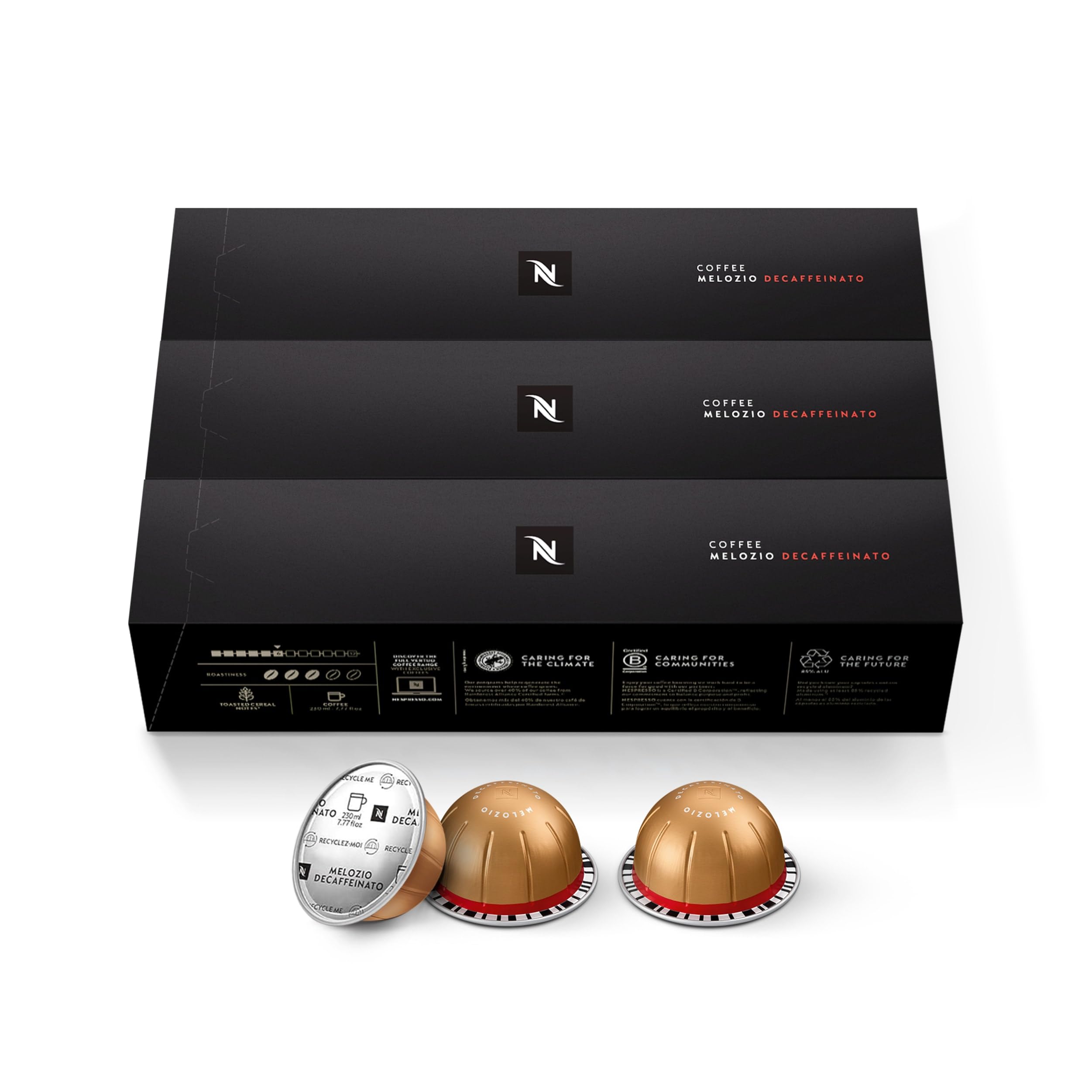 Nespresso Melozio Decaffeinato capsule close-up highlighting durable aluminum