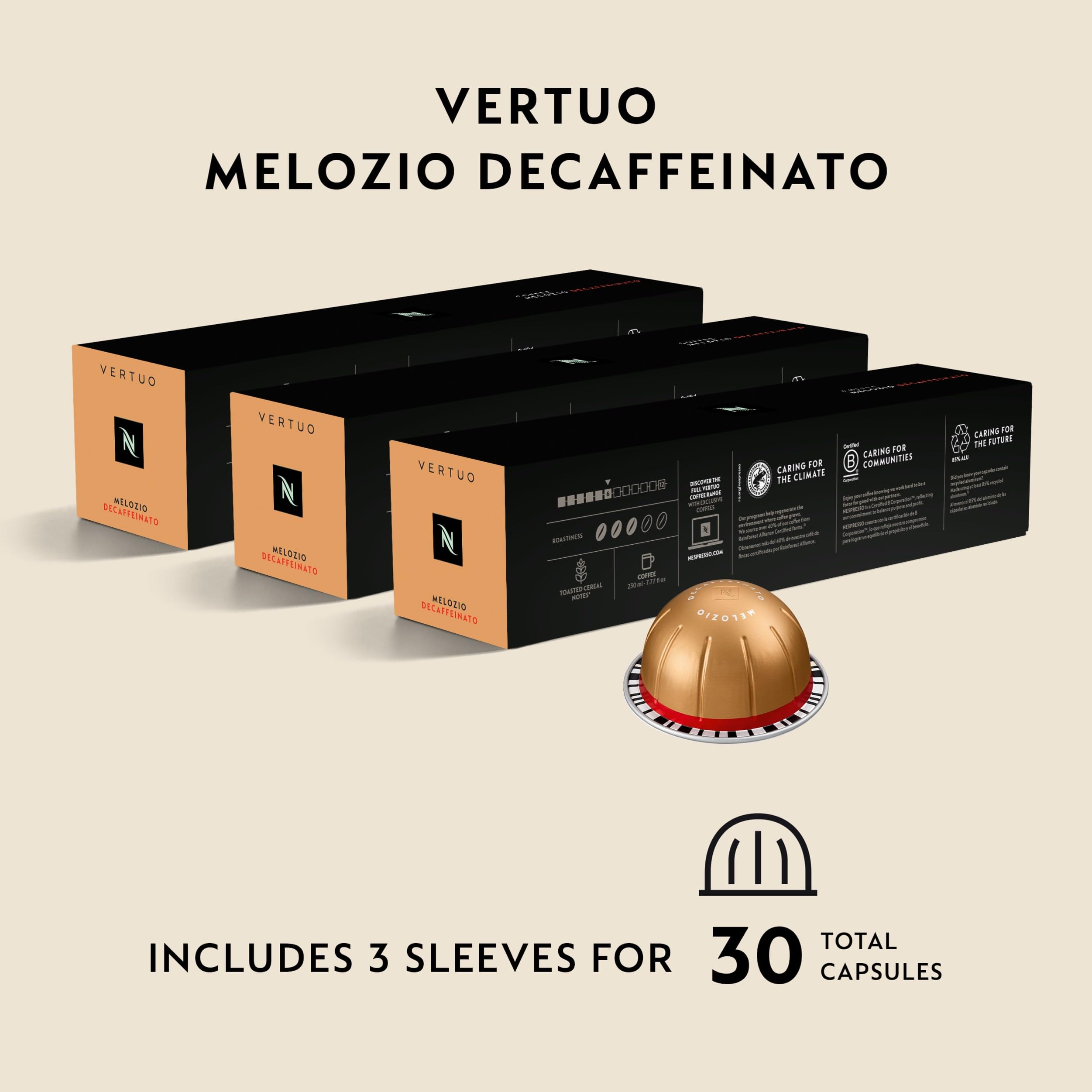 Nespresso Melozio Decaffeinato latte with milk pour emphasizing sweeter notes