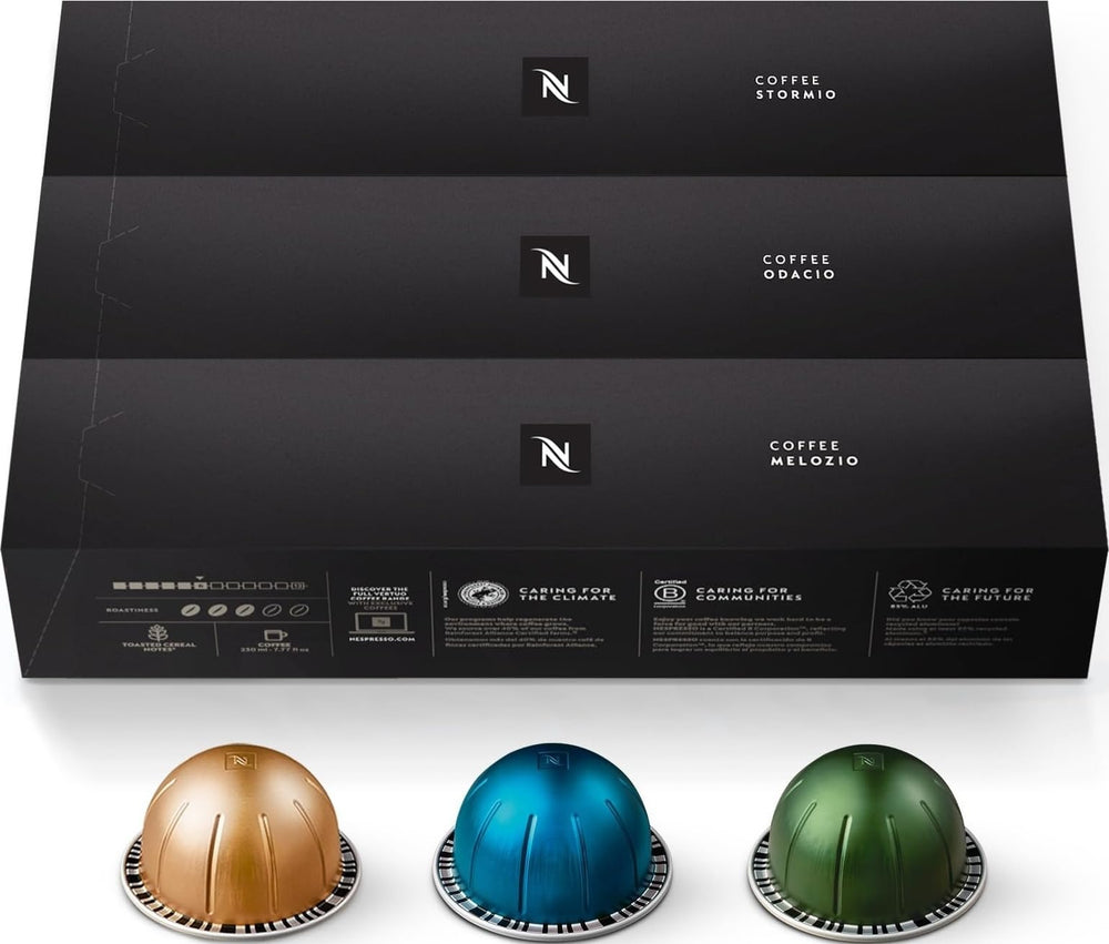Nespresso front pack view showing three-blend assortment and capsule count