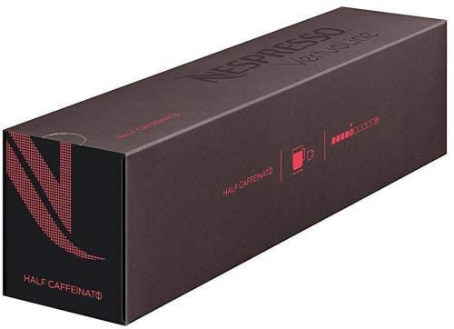 Close-up of a Half Caffeinato capsule by Nespresso highlighting foil label and brewing fit